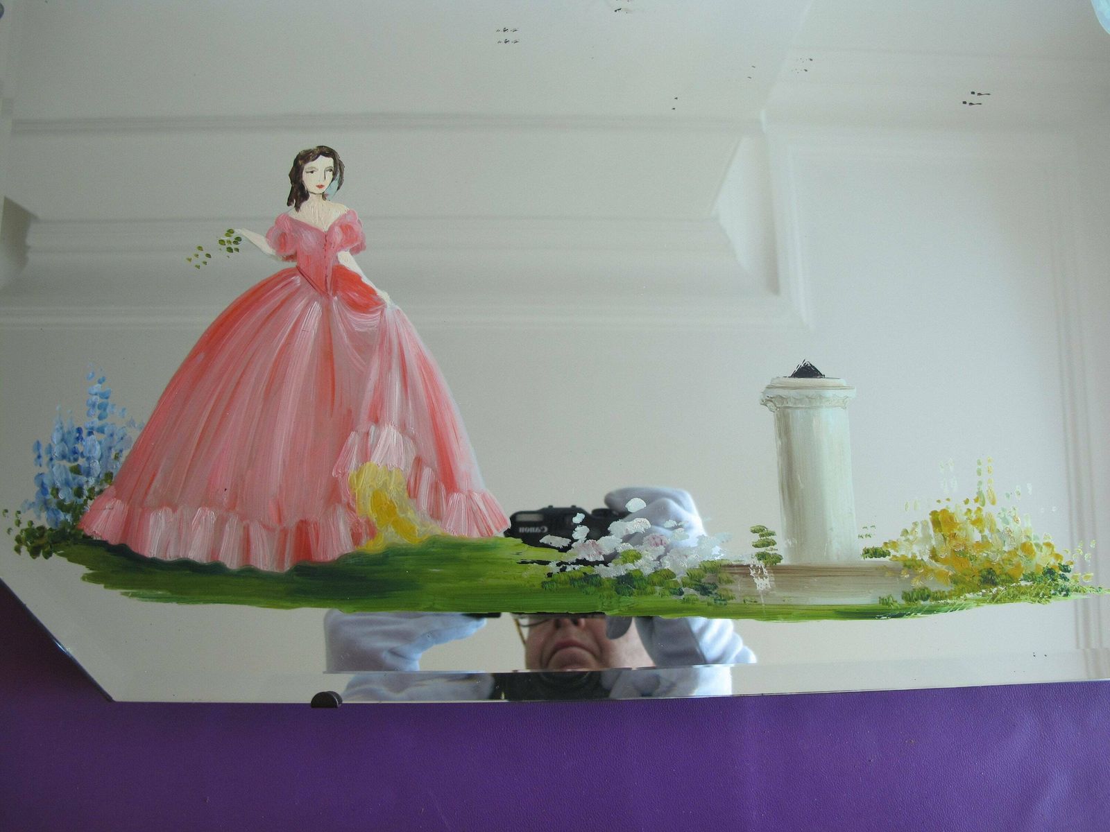 Fabulous Painted Crinoline Lady, Bevelled Edge, Frameless Art Deco Mirror. Ready To Hang On New Chain. photo furniture