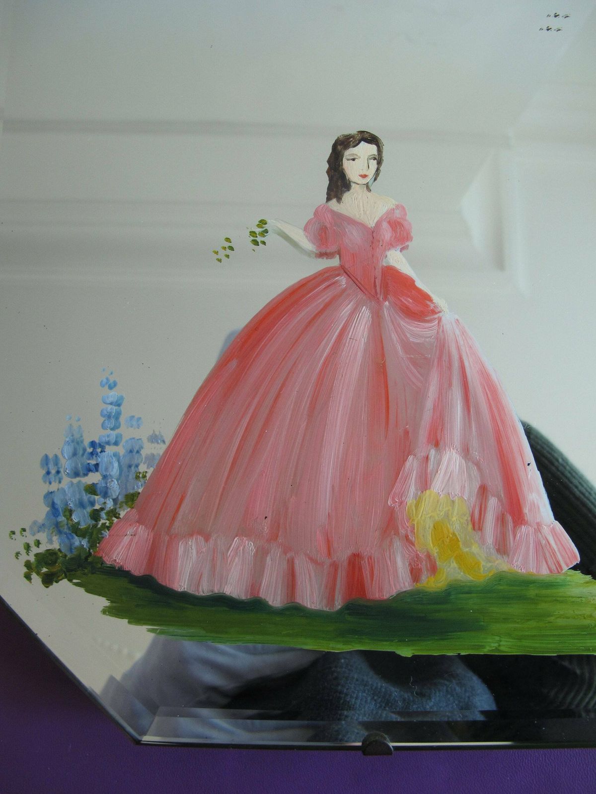 Fabulous Painted Crinoline Lady, Bevelled Edge, Frameless Art Deco Mirror. Ready To Hang On New Chain. photo Home Decor