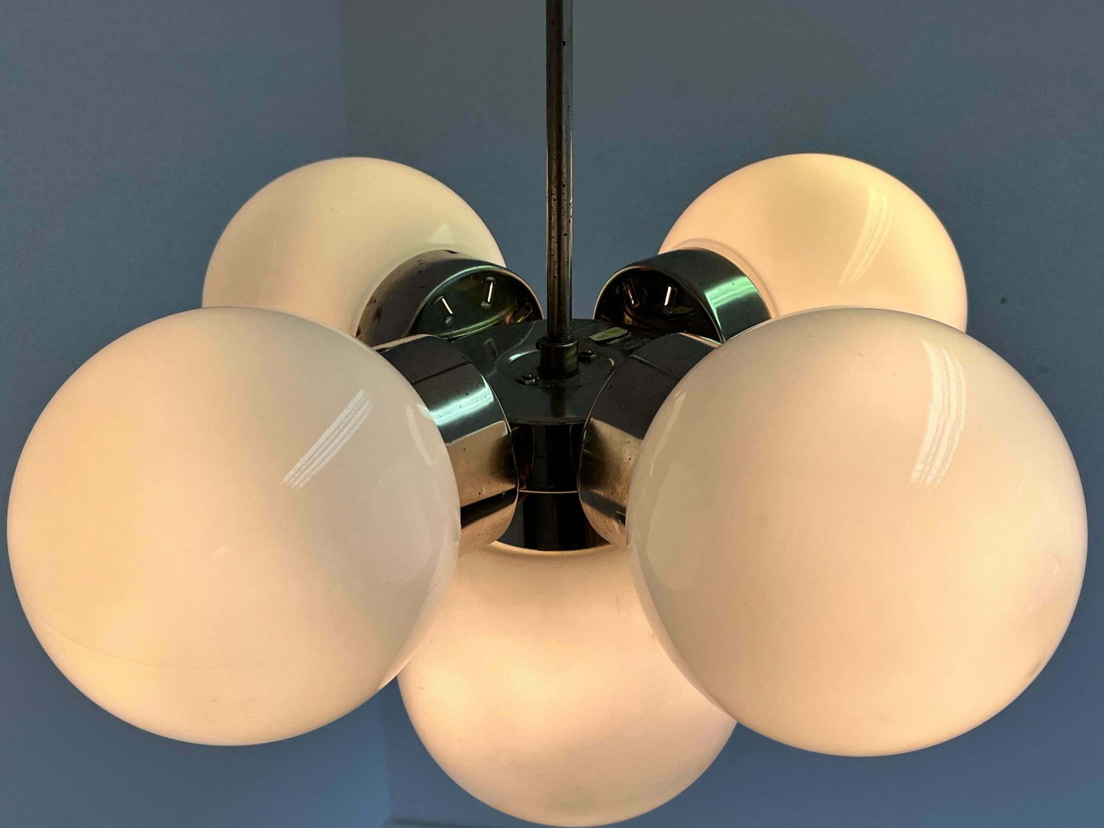 Pair Of Space Age Chrome & Milk Glass Sputniks   Czechoslovakia / 1970s photo vinterior