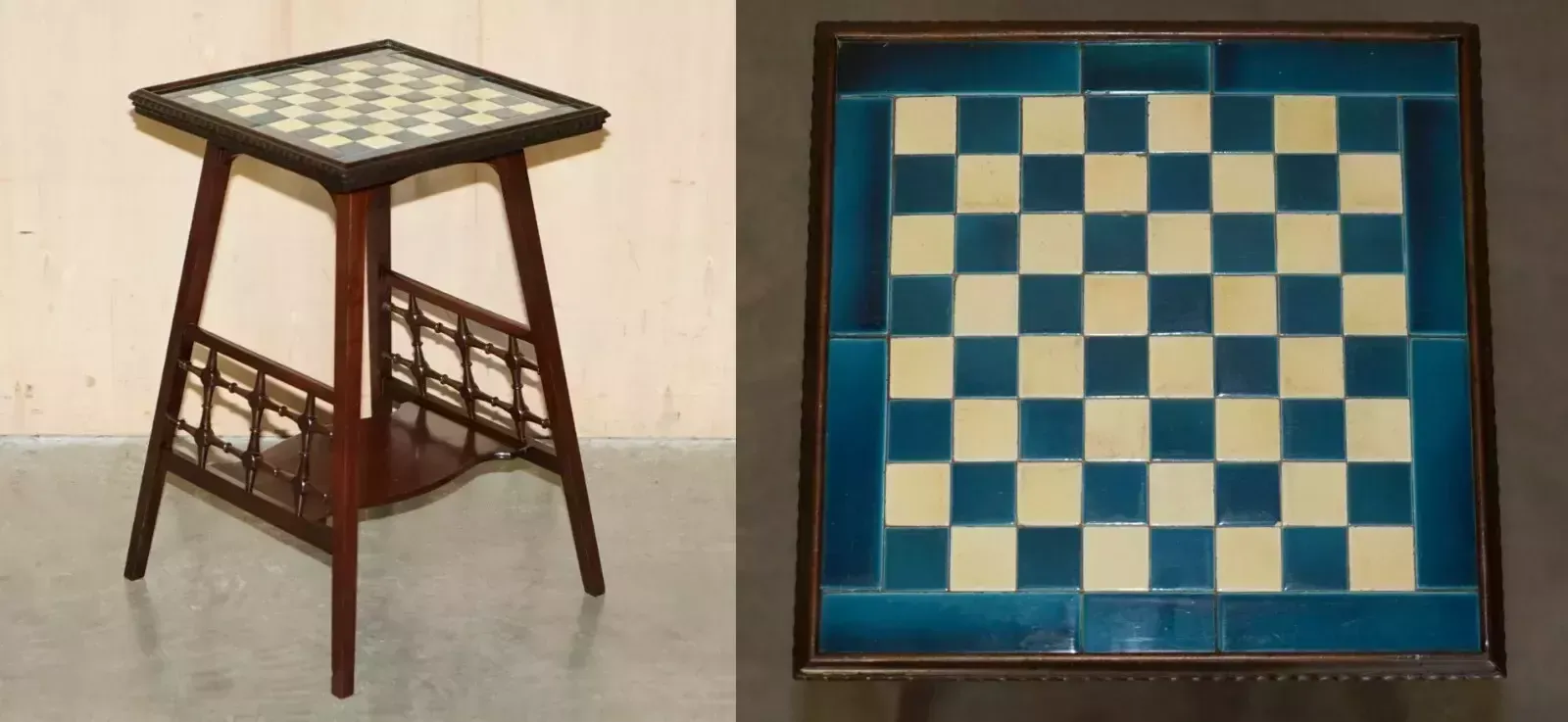 Antique Victorian Aesthetic Movement Style Tiled Top Chessboard Chess Table
