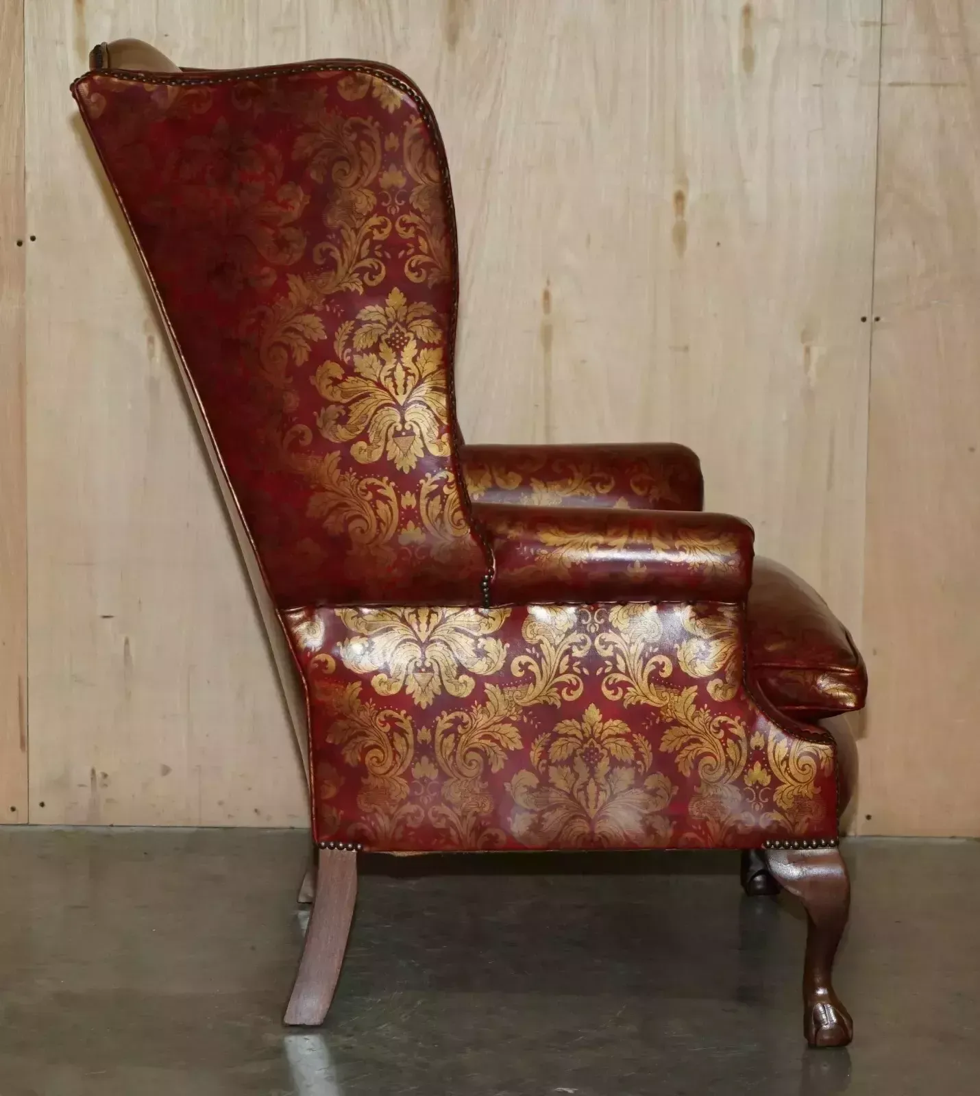 2950.0 Vintage Oxblood Claw & Ball Feet Damask Leather Wingback Armchair & Footstool photo