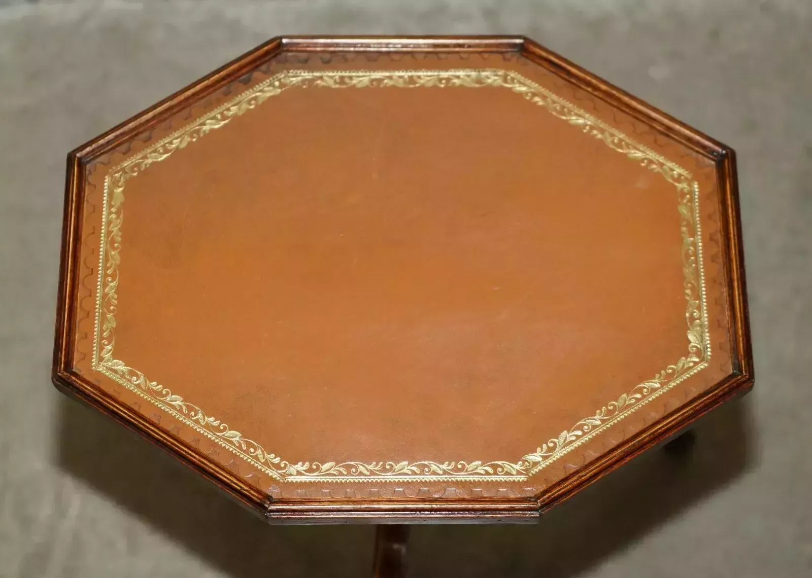 Mahogany Octagonal Brown Leather Gold Leaf Tripod Side End Lamp Wine Table photo Furniture