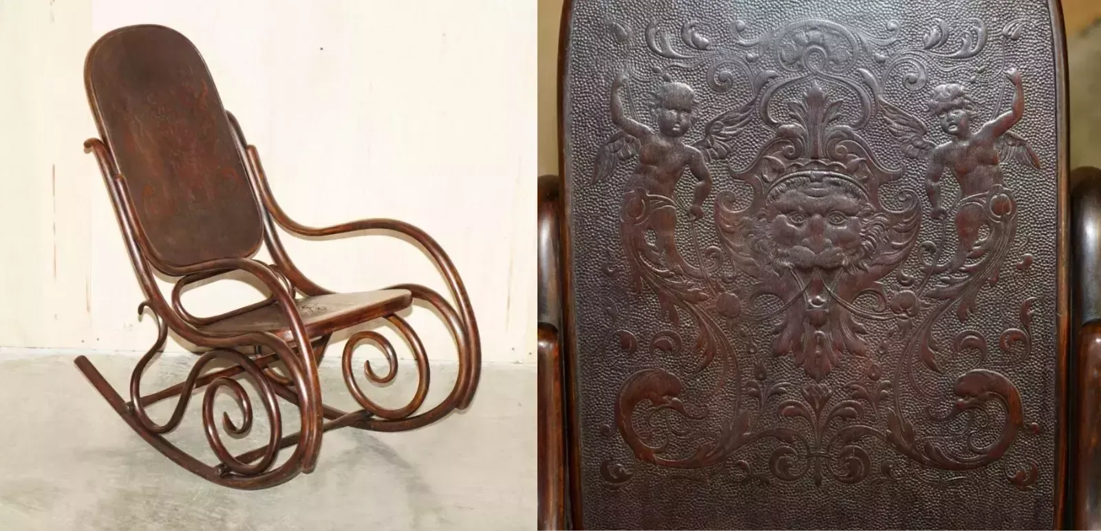 Exquisite Victorian Thonet Rocking Chair With Cherub Carved Back & Seat Panels