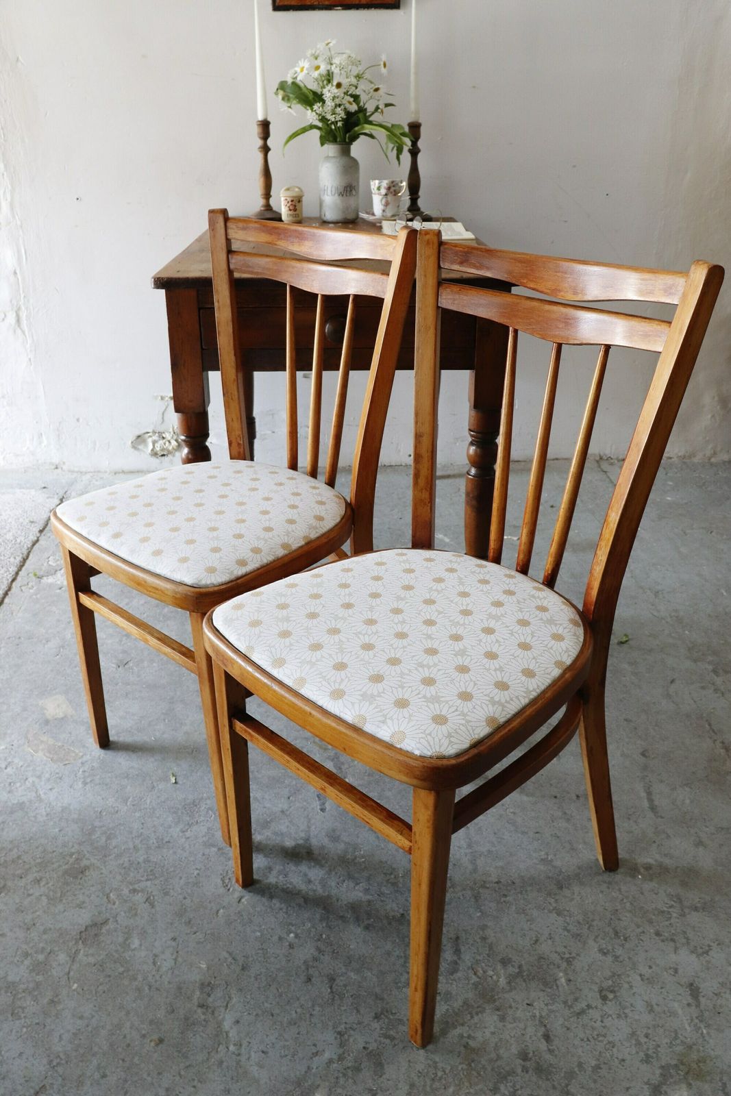 Pair Of Restored 60s Ercol Style Kitchen Chairs With Recovered Daisy Seats photo for sale