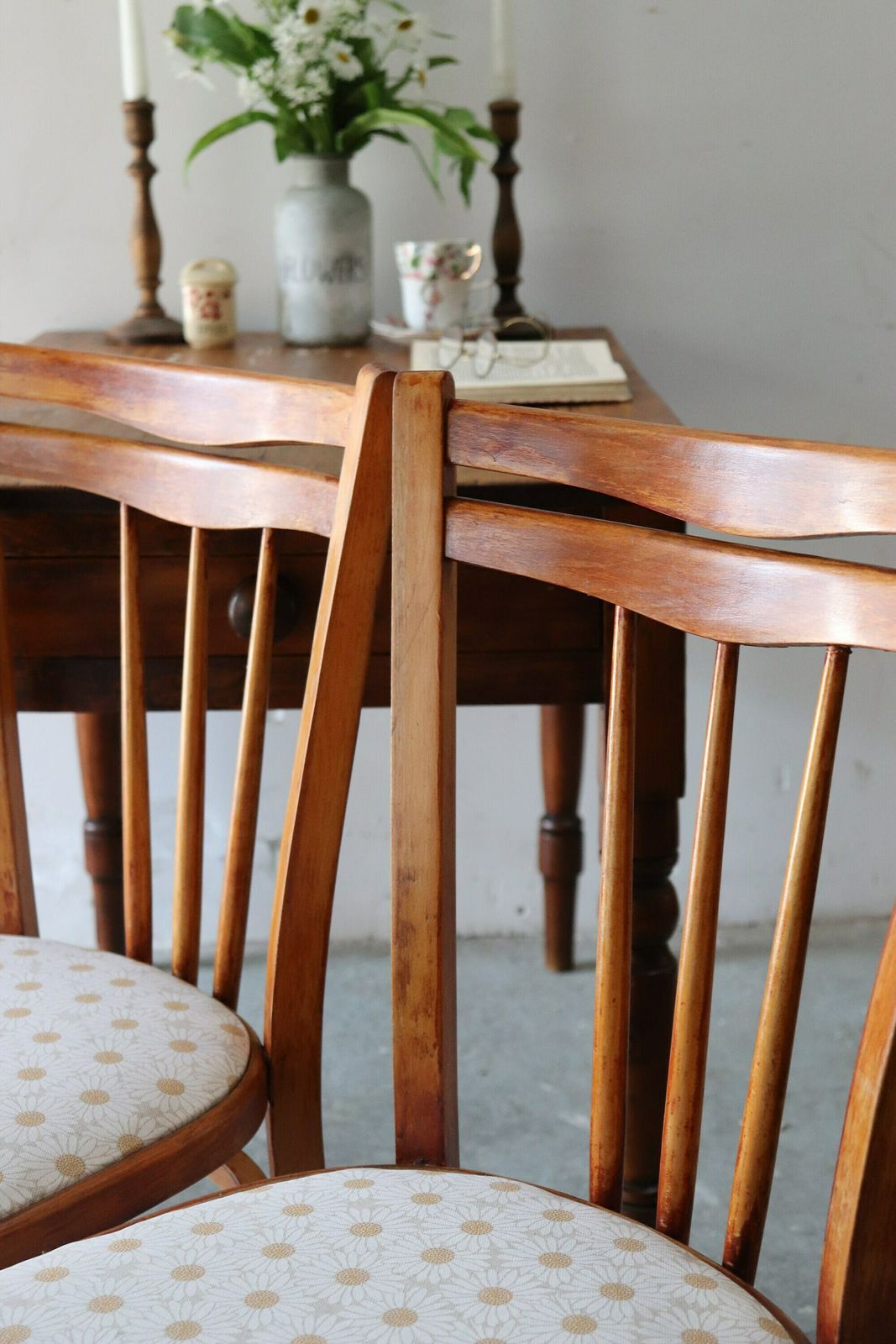 Pair Of Restored 60s Ercol Style Kitchen Chairs With Recovered Daisy Seats photo vintage