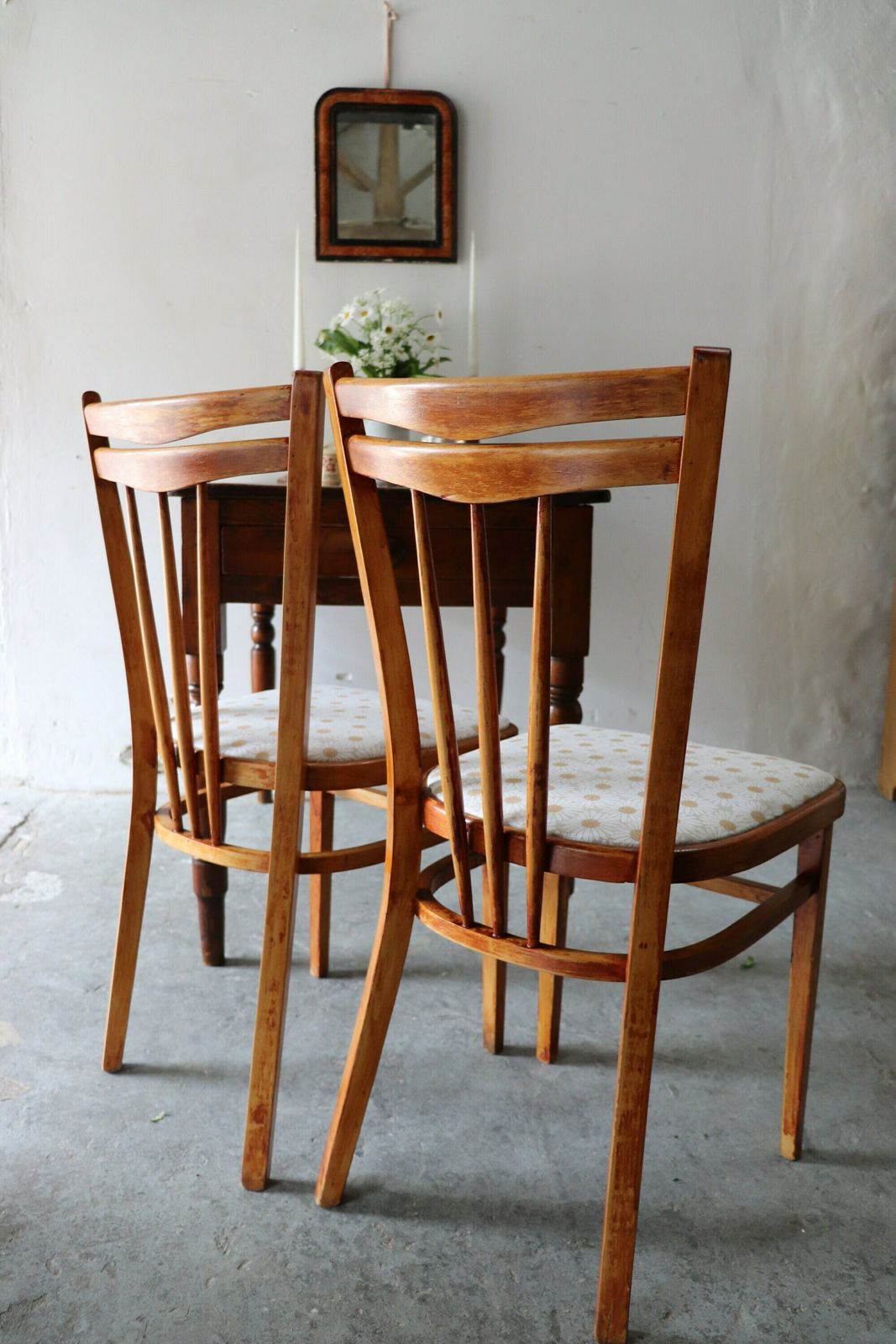 photo furniture Pair Of Restored 60s Ercol Style Kitchen Chairs With Recovered Daisy Seats