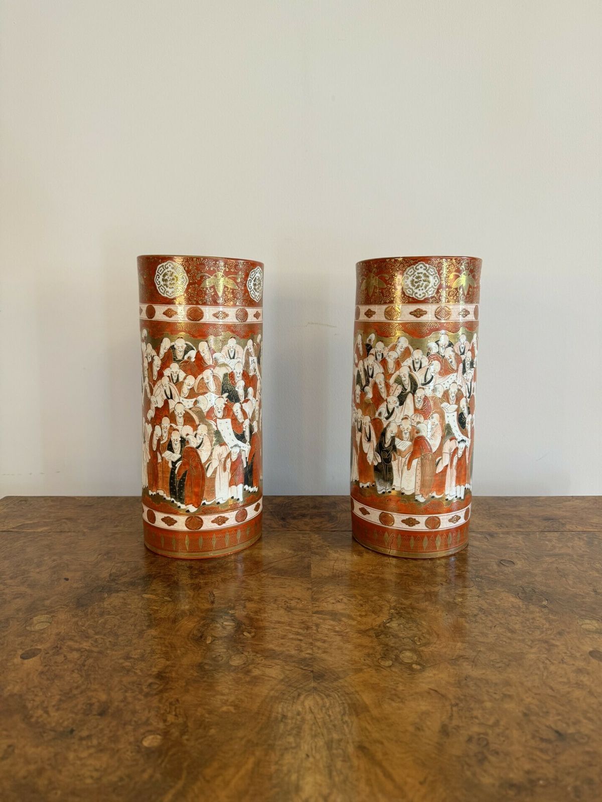 Outstanding Quality Pair Of 19th Century Japanese Kutani Cylindrical Vases photo for sale