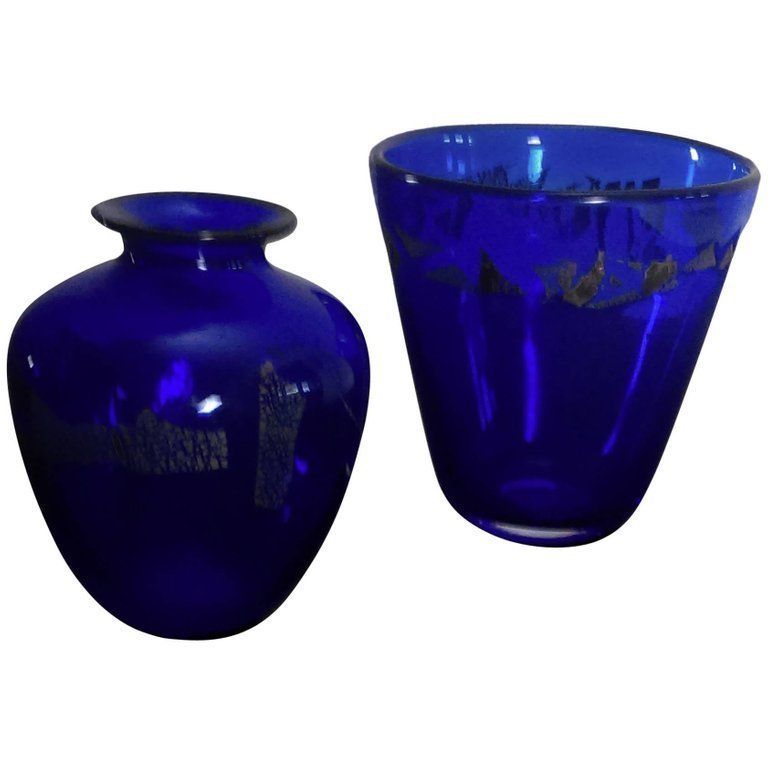 1980s Finn Lynggaard Two Studio Vases, Of Blue Glass With Silver Decorations