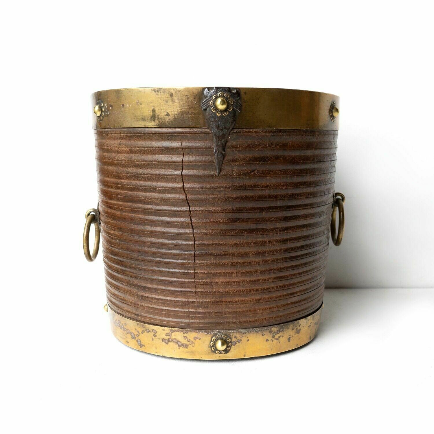 Antique South Indian Teak And Brass Rice Bucket Container, 19th Century photo for sale