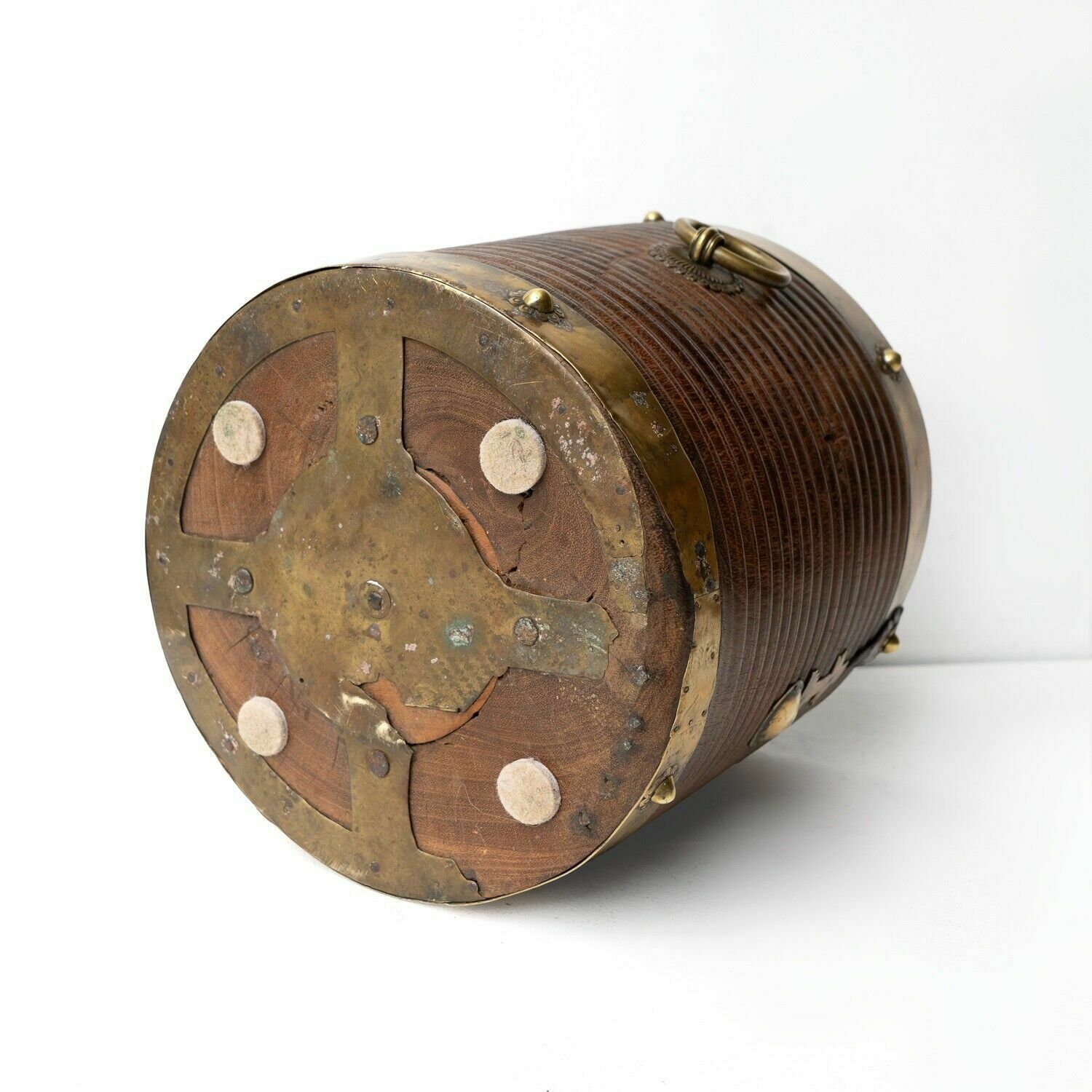 Antique South Indian Teak And Brass Rice Bucket Container, 19th Century photo vintage