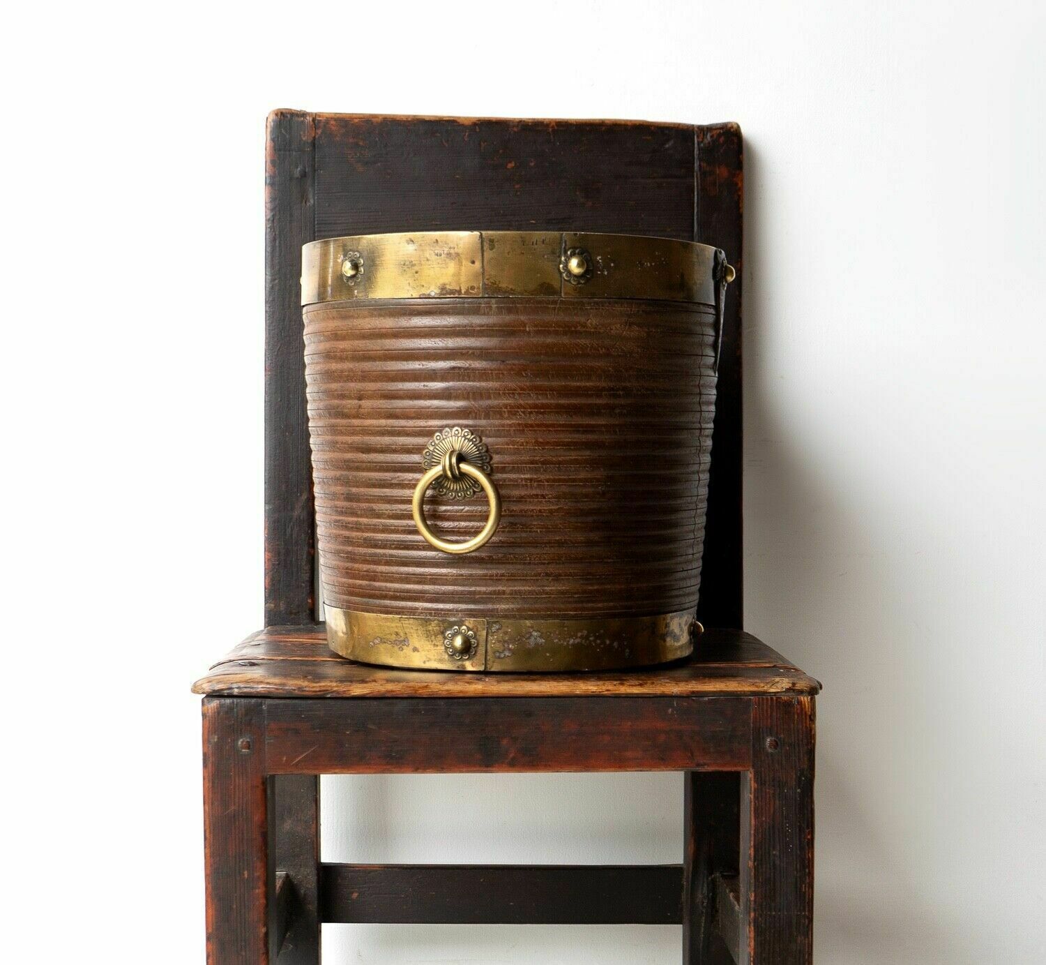 Home Decor Antique South Indian Teak And Brass Rice Bucket Container, 19th Century photo