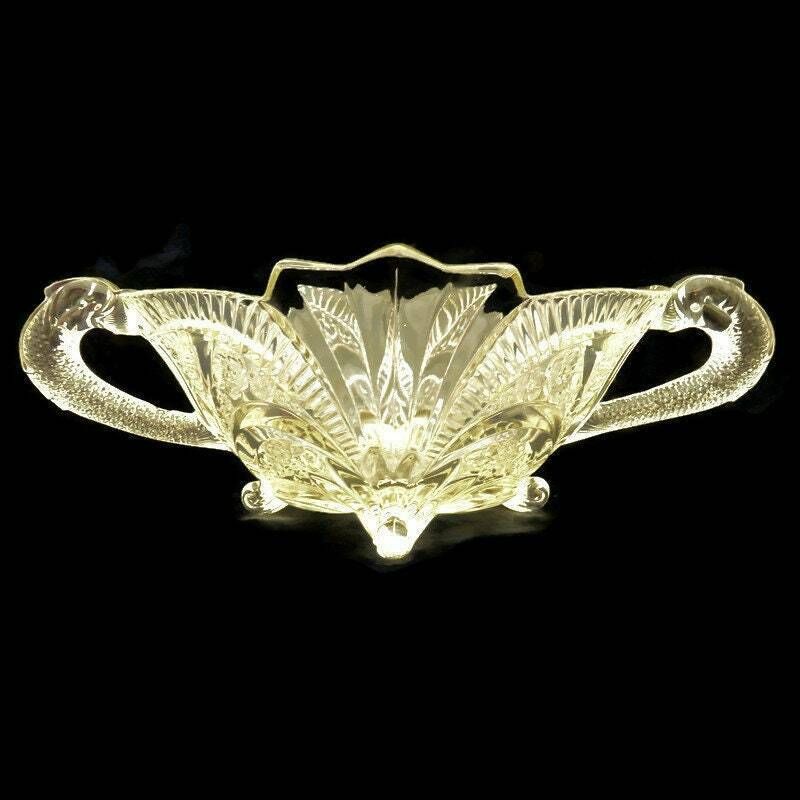 Large Art Deco Brockwitz Fruit Bowl Centrepiece With Dolphin Handles 1930's German Pressed Glass
