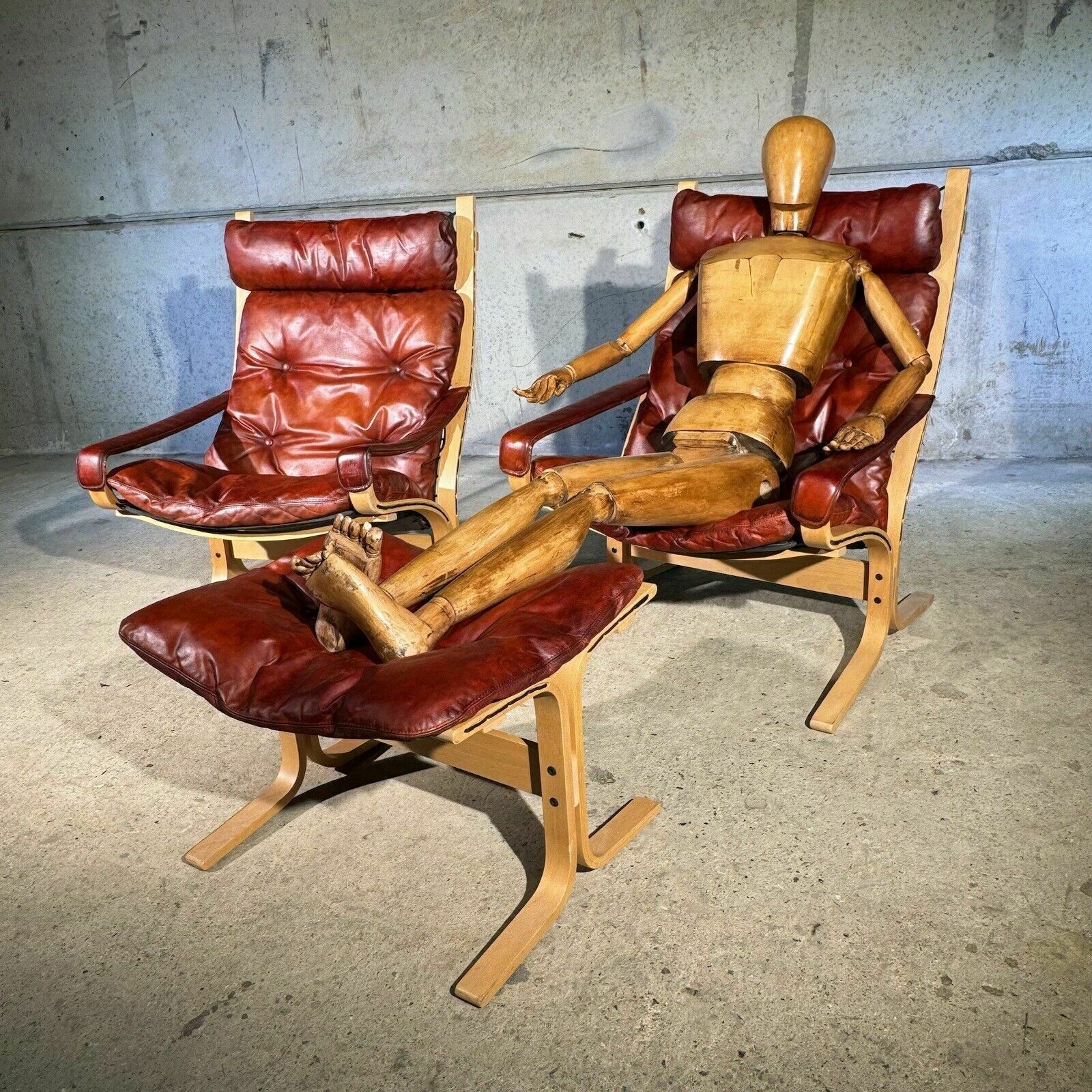 photo buy ( One Sold ) Pair Of Siesta Armchairs & 2 Footstool Cognac Leather Ingmar Relling