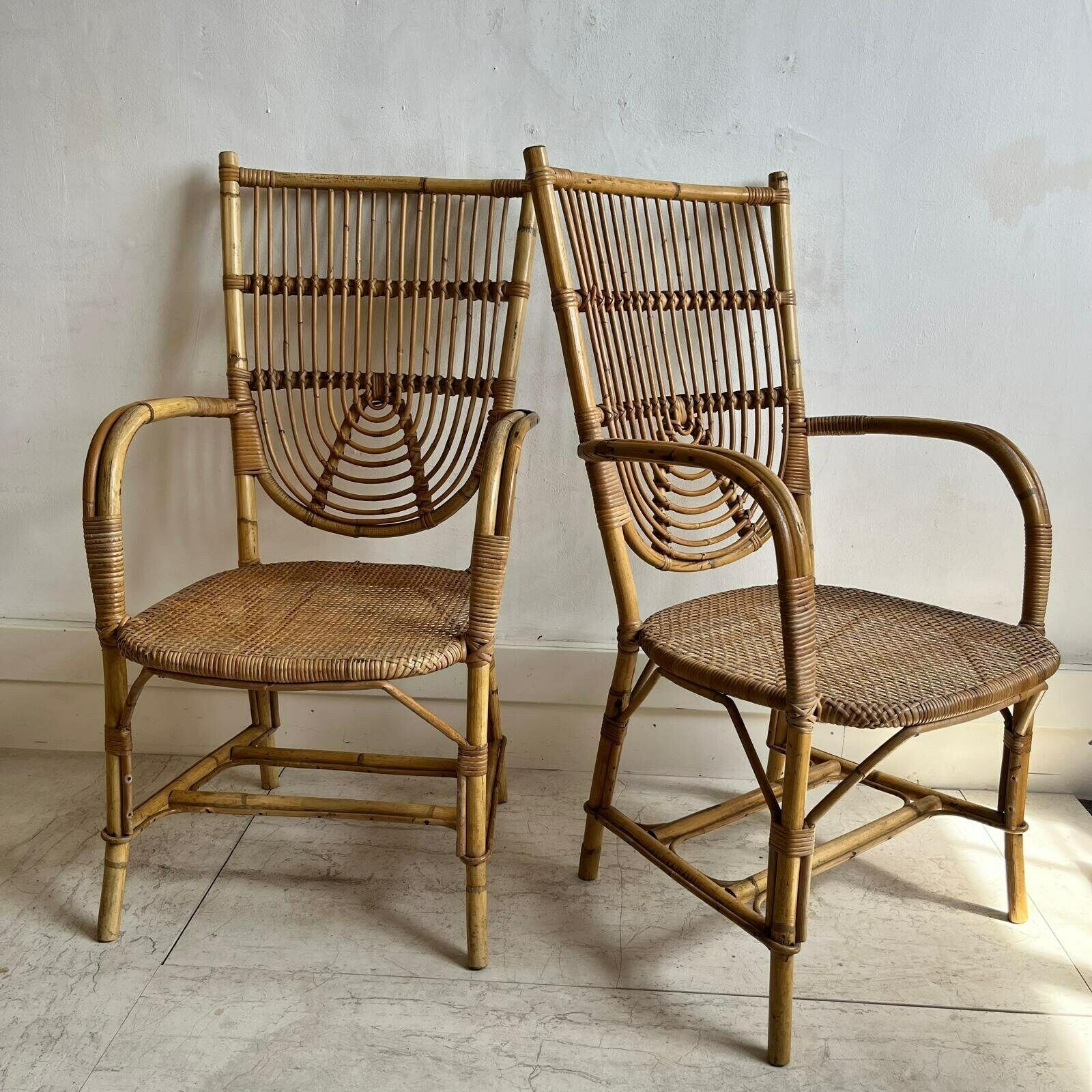 A Pair Of 1950's Audoux Minet Bamboo Dining Chairs/ Carvers photo Furniture