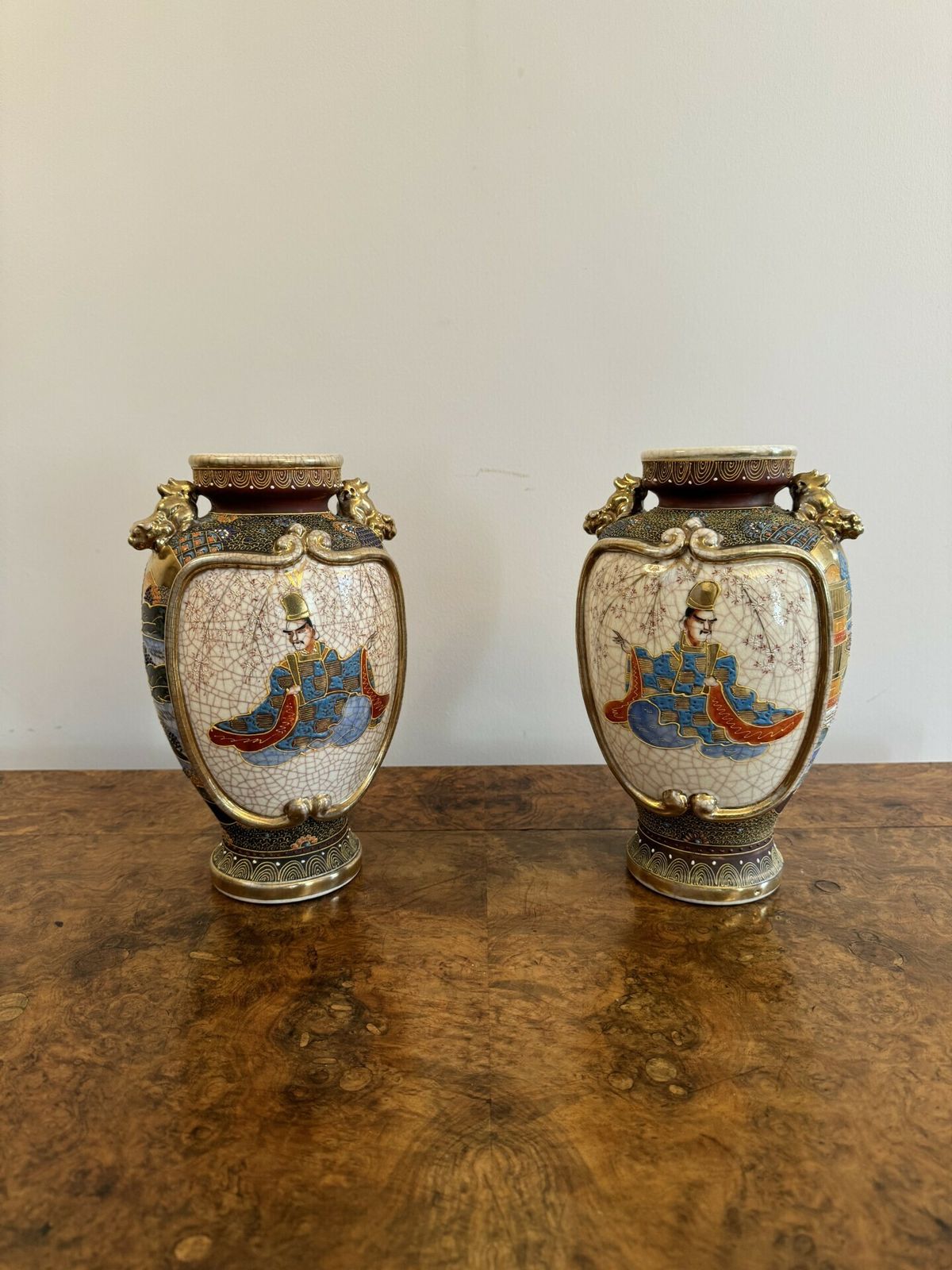 Unusual Pair Of Antique 19th Century Quality Japanese Satsuma Vases photo for sale