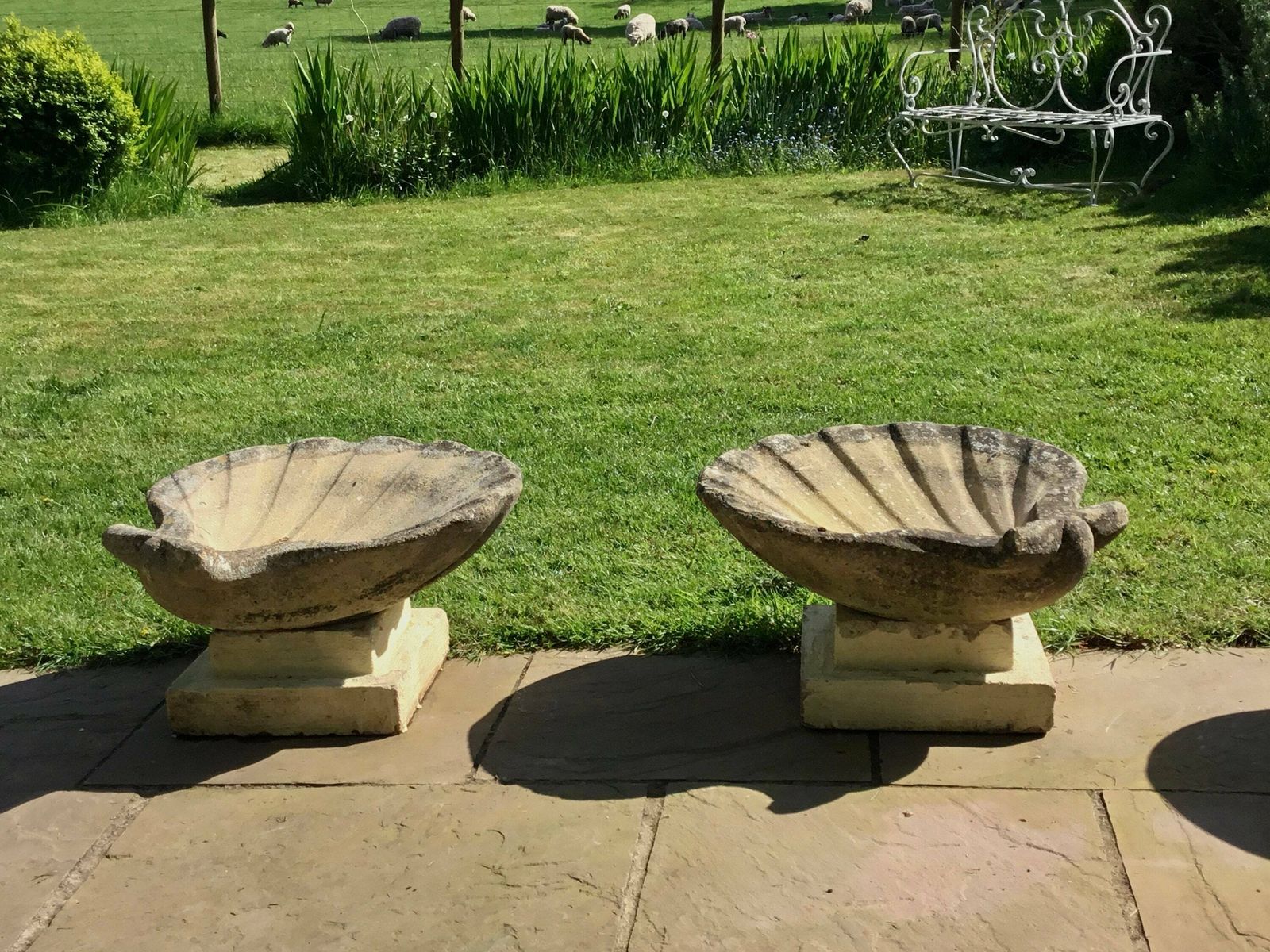 Stunning Vintage Pair Of Reconstituted Stone Scallop Shaped Planters On Stands