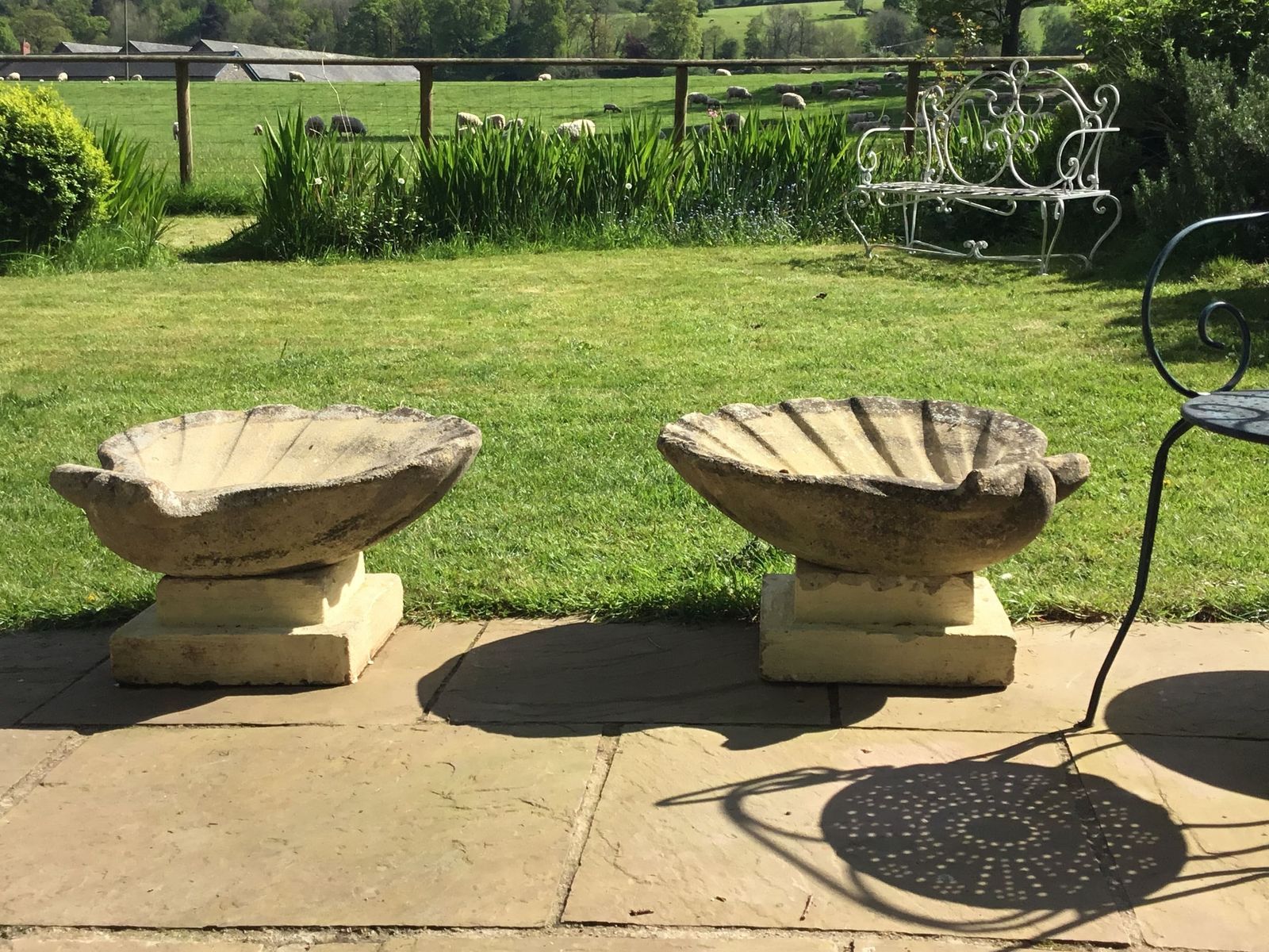 Stunning Vintage Pair Of Reconstituted Stone Scallop Shaped Planters On Stands photo 575.0