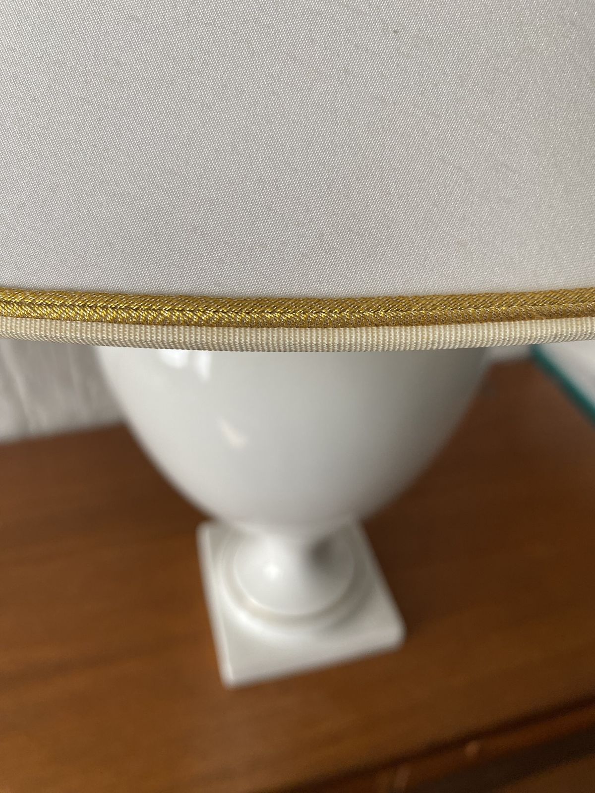 Pair Of White & Gold Ceramic Table Lamps & Shades By Stefano Cevoli, Italian, 1980s photo for sale