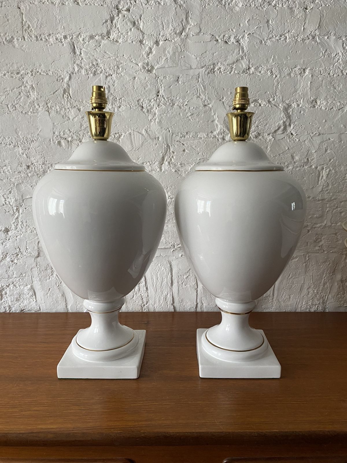 Lighting Pair Of White & Gold Ceramic Table Lamps & Shades By Stefano Cevoli, Italian, 1980s photo