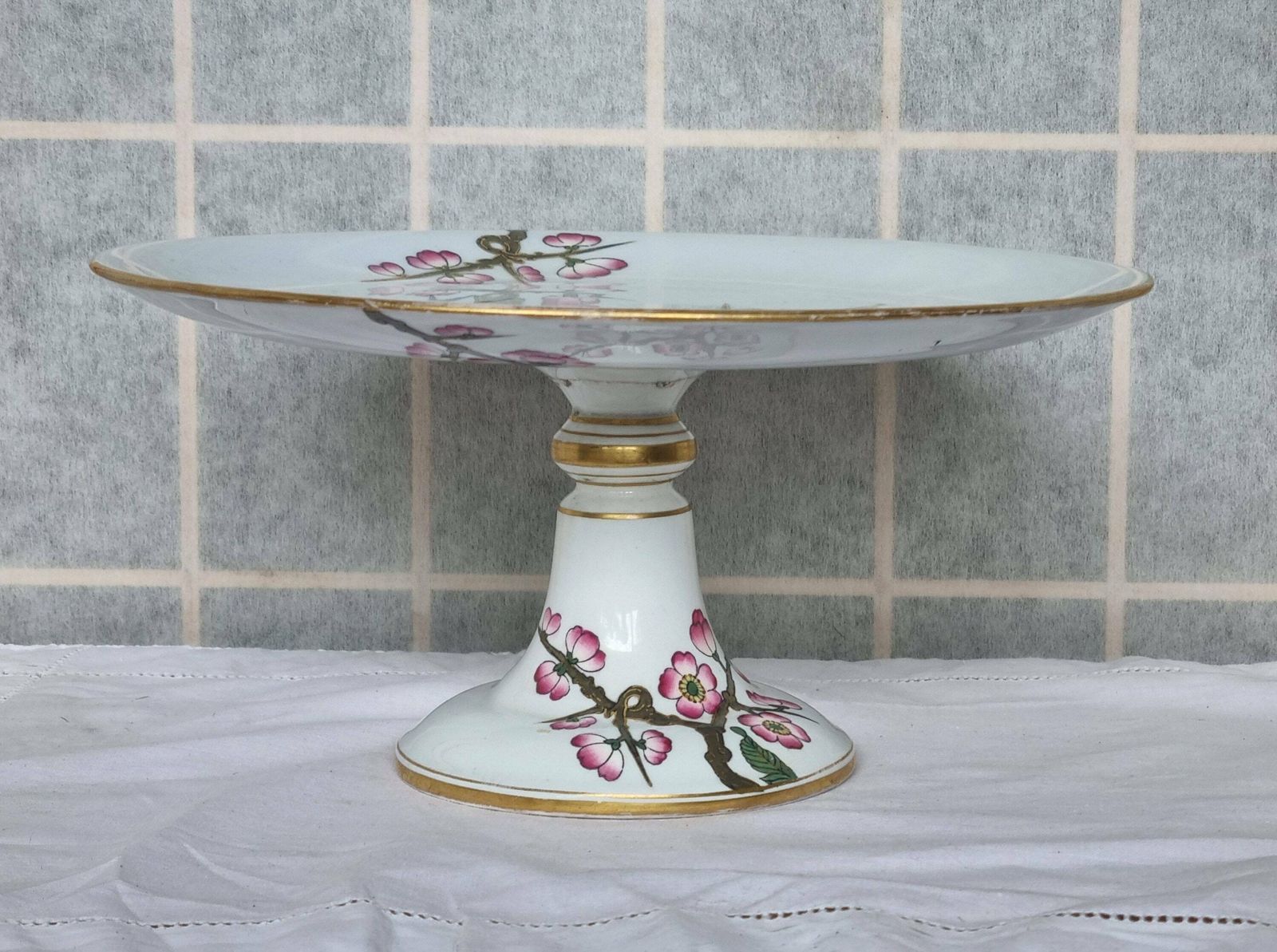 Antique Chinoiserie Cake Stand | Hand Painted Cherry Blossom Bird Porcelain Pedestal Plate | Gold Trim Asian Tazza Serving Platter photo furniture