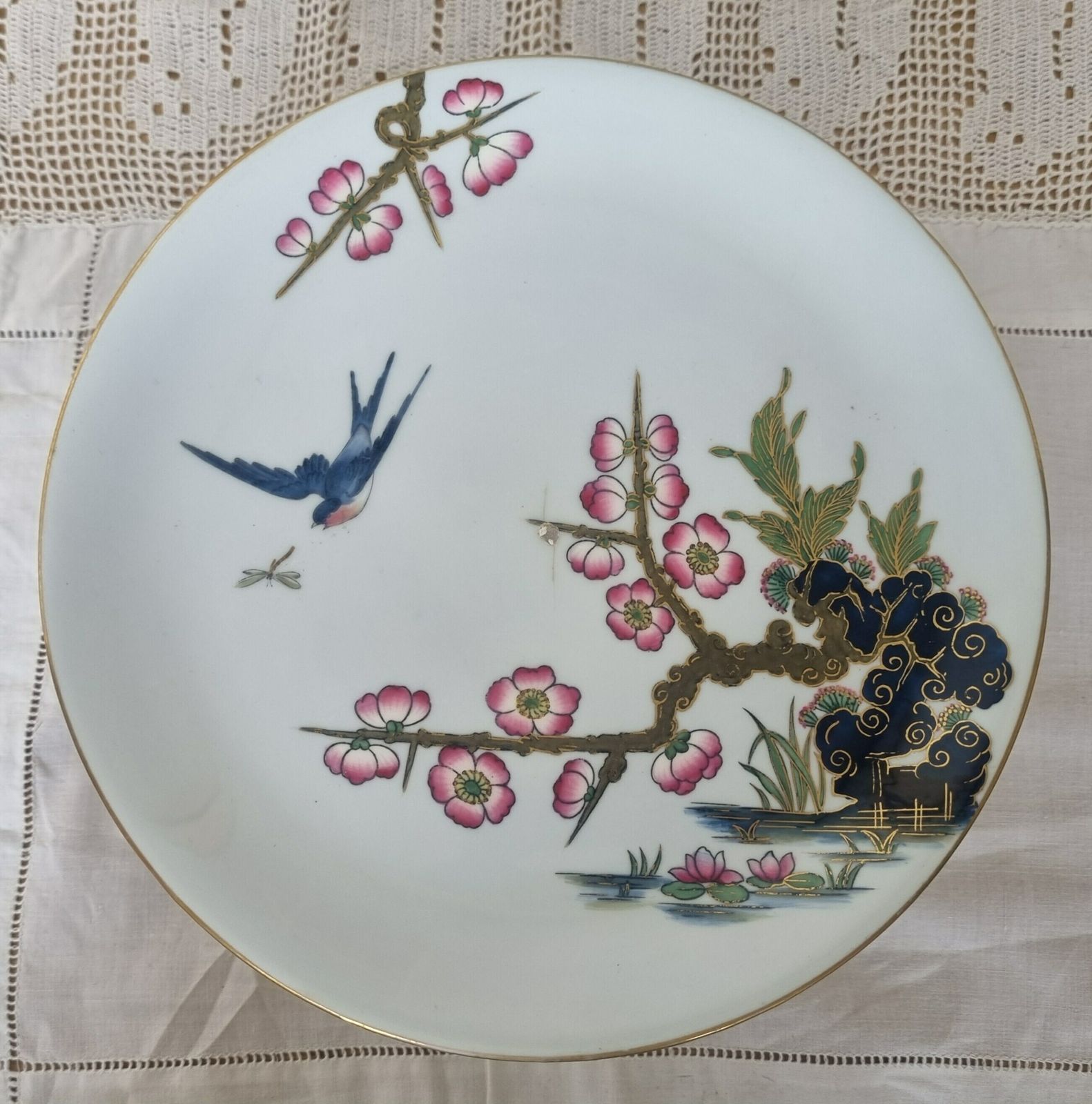 Antique Chinoiserie Cake Stand | Hand Painted Cherry Blossom Bird Porcelain Pedestal Plate | Gold Trim Asian Tazza Serving Platter photo 189.0