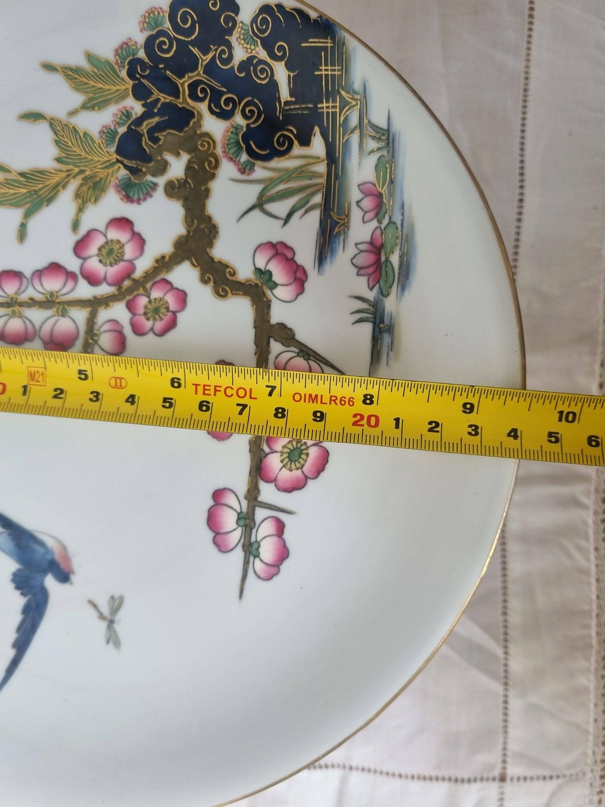 Antique Chinoiserie Cake Stand | Hand Painted Cherry Blossom Bird Porcelain Pedestal Plate | Gold Trim Asian Tazza Serving Platter photo vinterior