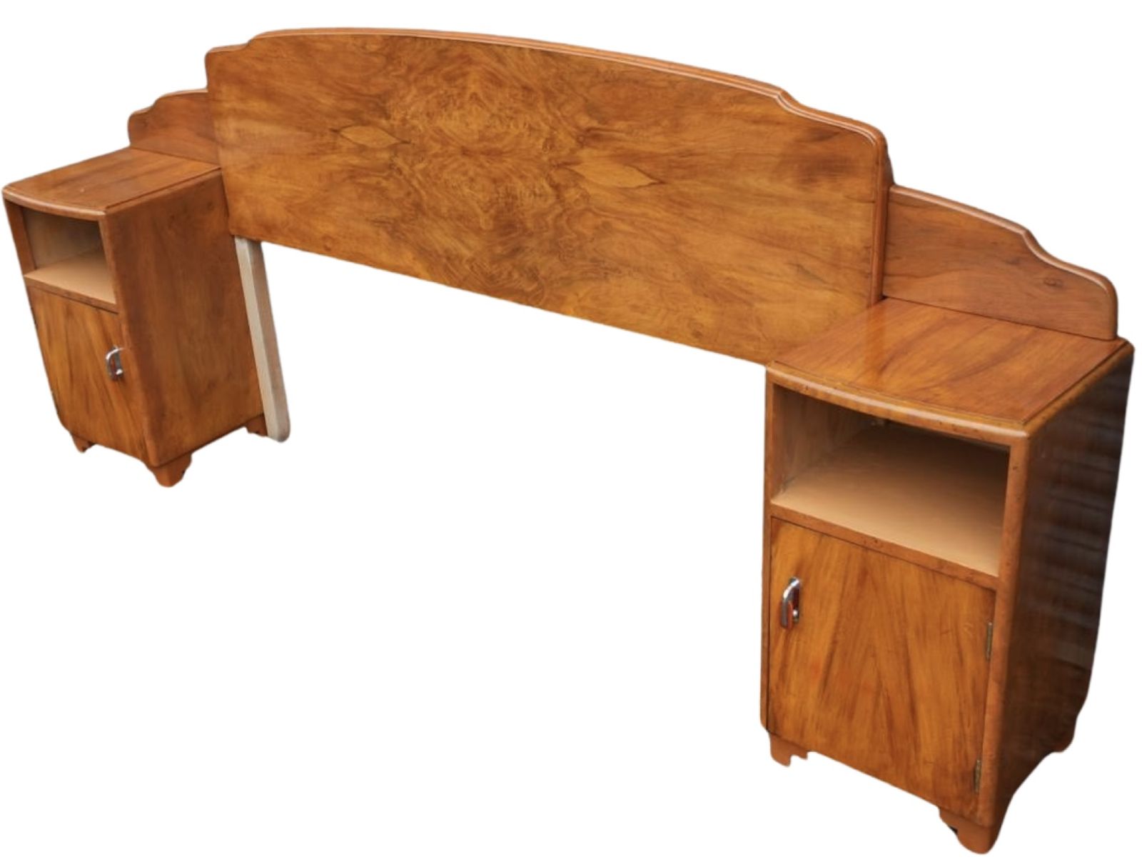 Art Deco Walnut Headboard And Attached Matching Bedside Cabinets photo furniture