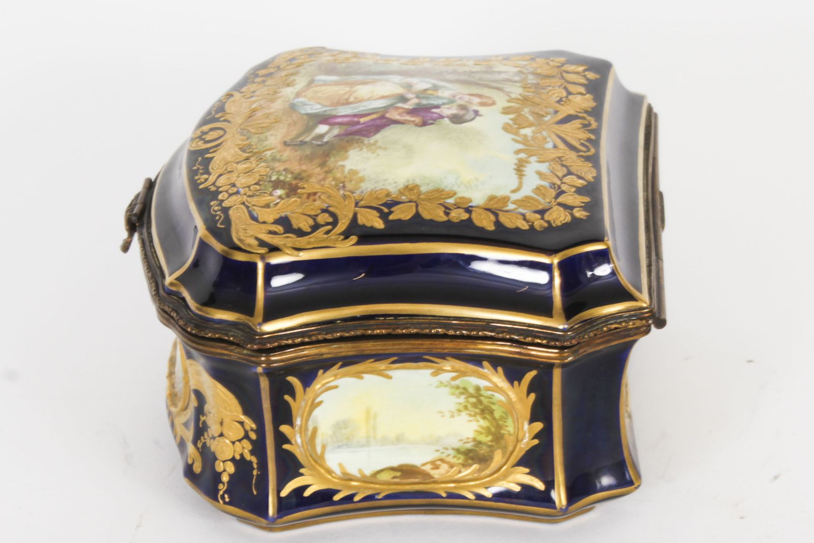 Antique French Sevres Cobalt Blue Porcelain Jewellery Casket 19th C photo vinterior