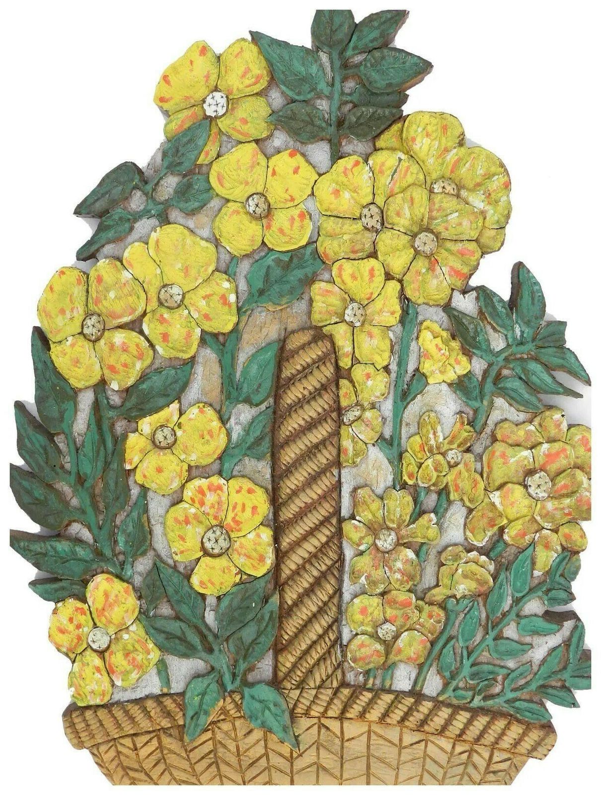 Art Deco Carved Wood Wall Placque Flower Basket French Signed photo for sale