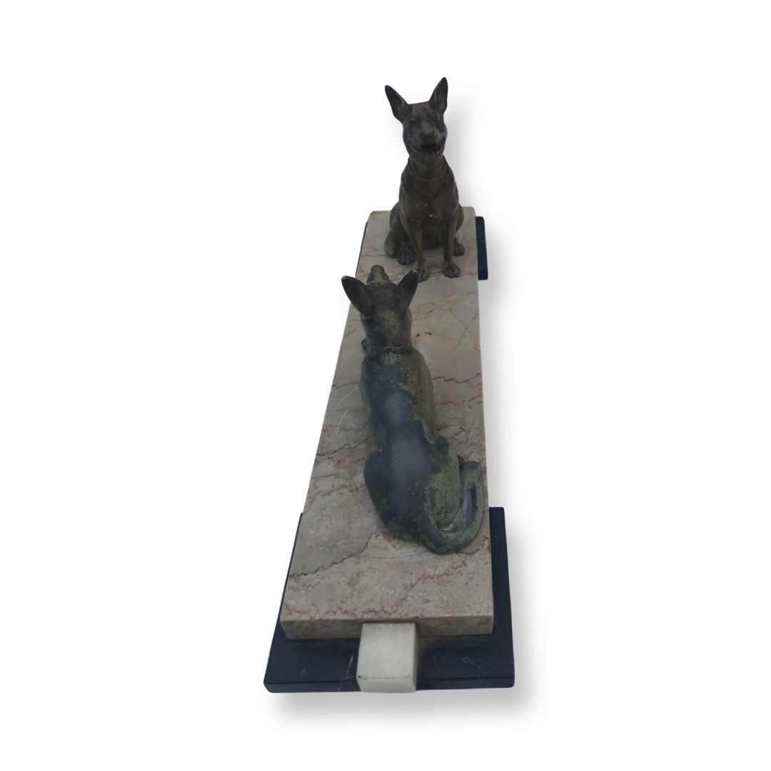 Gorgeous Art Deco Cold Painted Spelter Alsatians Seated On A Marble Base photo Art