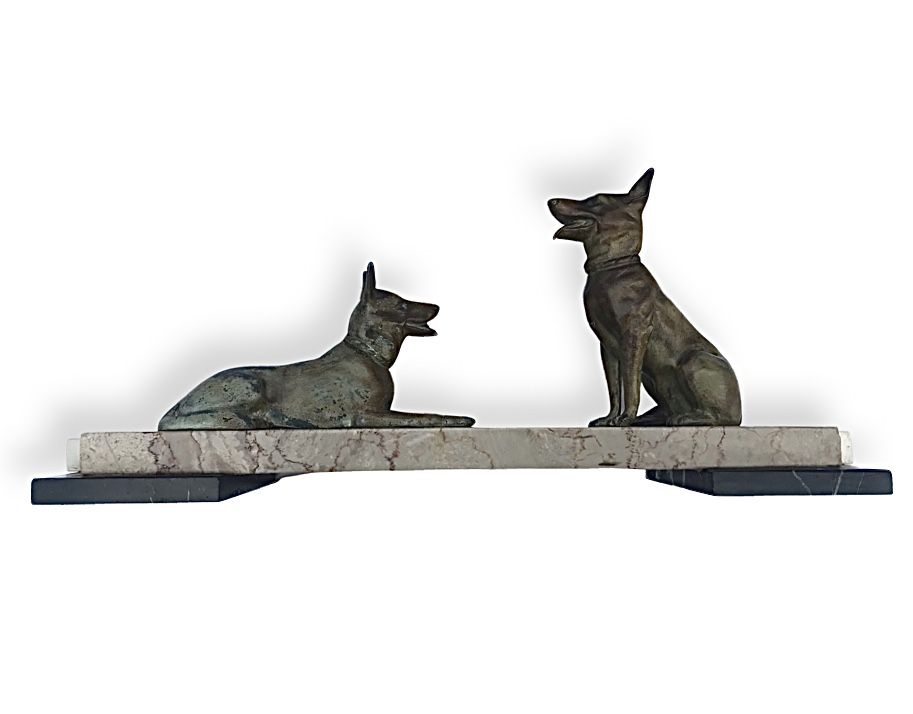 Gorgeous Art Deco Cold Painted Spelter Alsatians Seated On A Marble Base photo 395.0