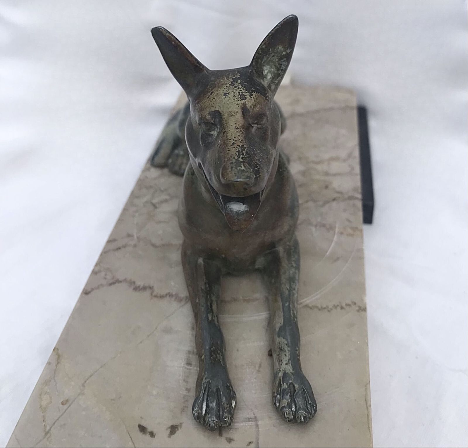 Gorgeous Art Deco Cold Painted Spelter Alsatians Seated On A Marble Base photo buy