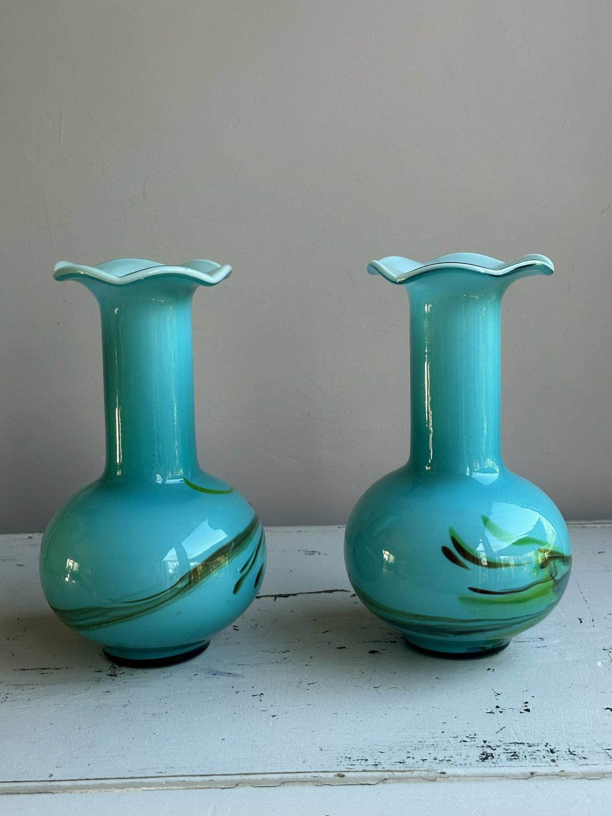 Stunning Pair Of Turquoise 1940’s Glass Vases photo vinterior