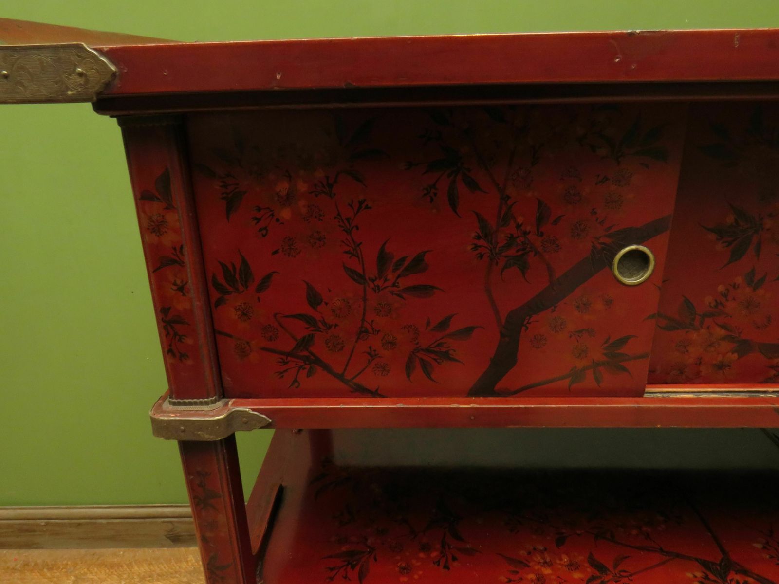 Japanese Red Lacquered Shodana Cabinet With Cherry Blossoms C1880 photo furniture