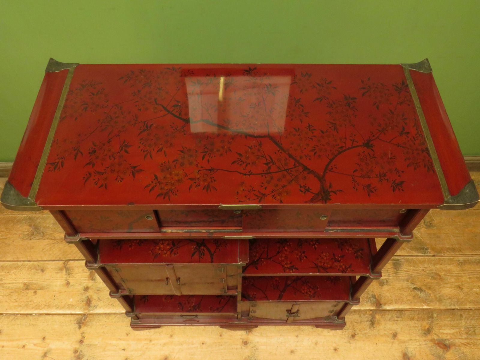 Japanese Red Lacquered Shodana Cabinet With Cherry Blossoms C1880 photo for sale