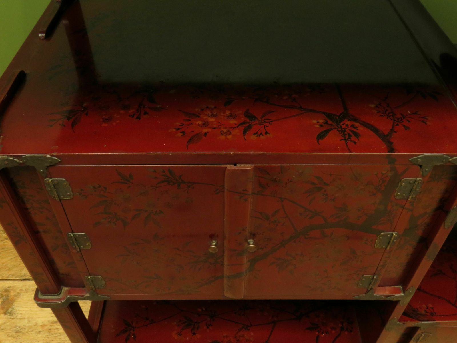 photo for sale Japanese Red Lacquered Shodana Cabinet With Cherry Blossoms C1880