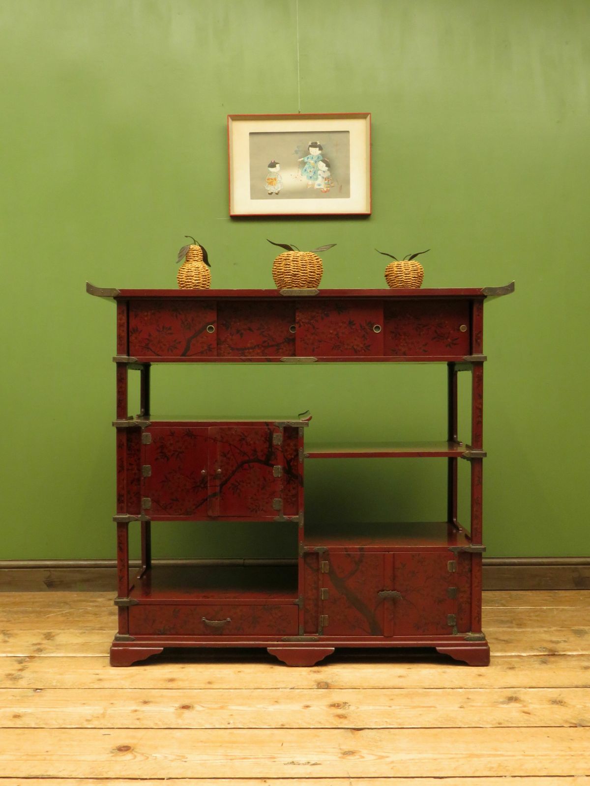 Japanese Red Lacquered Shodana Cabinet With Cherry Blossoms C1880