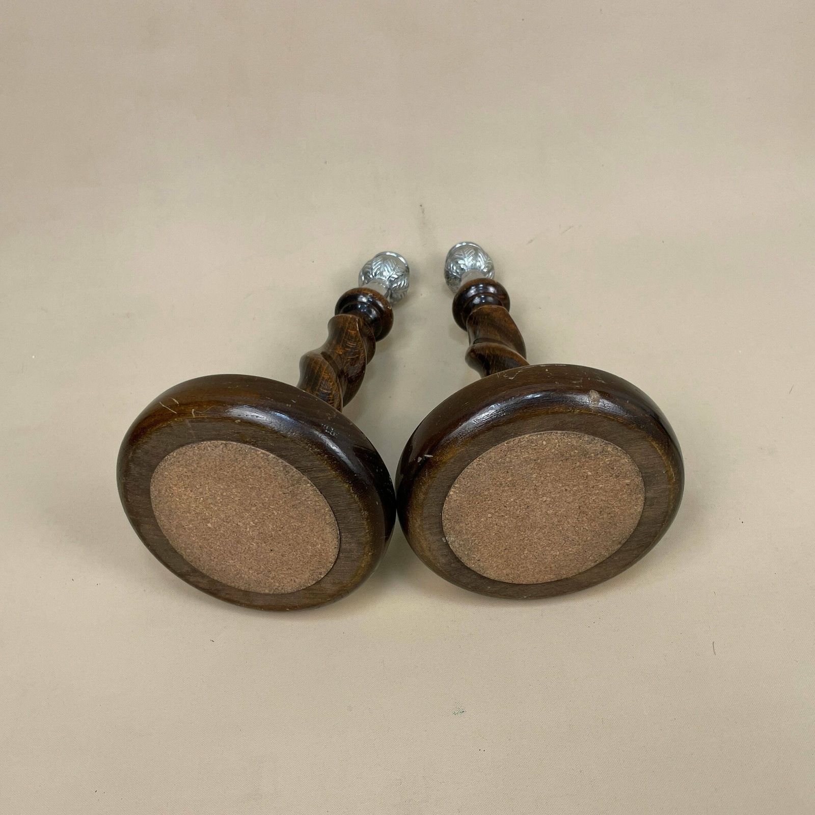 Antique Matching Pair Of Wooden Silver Metal Top Candlestick Candle Stick Vintage Dinner Candlesticks Lamp Wood Ornate Patterned Twisted photo for sale