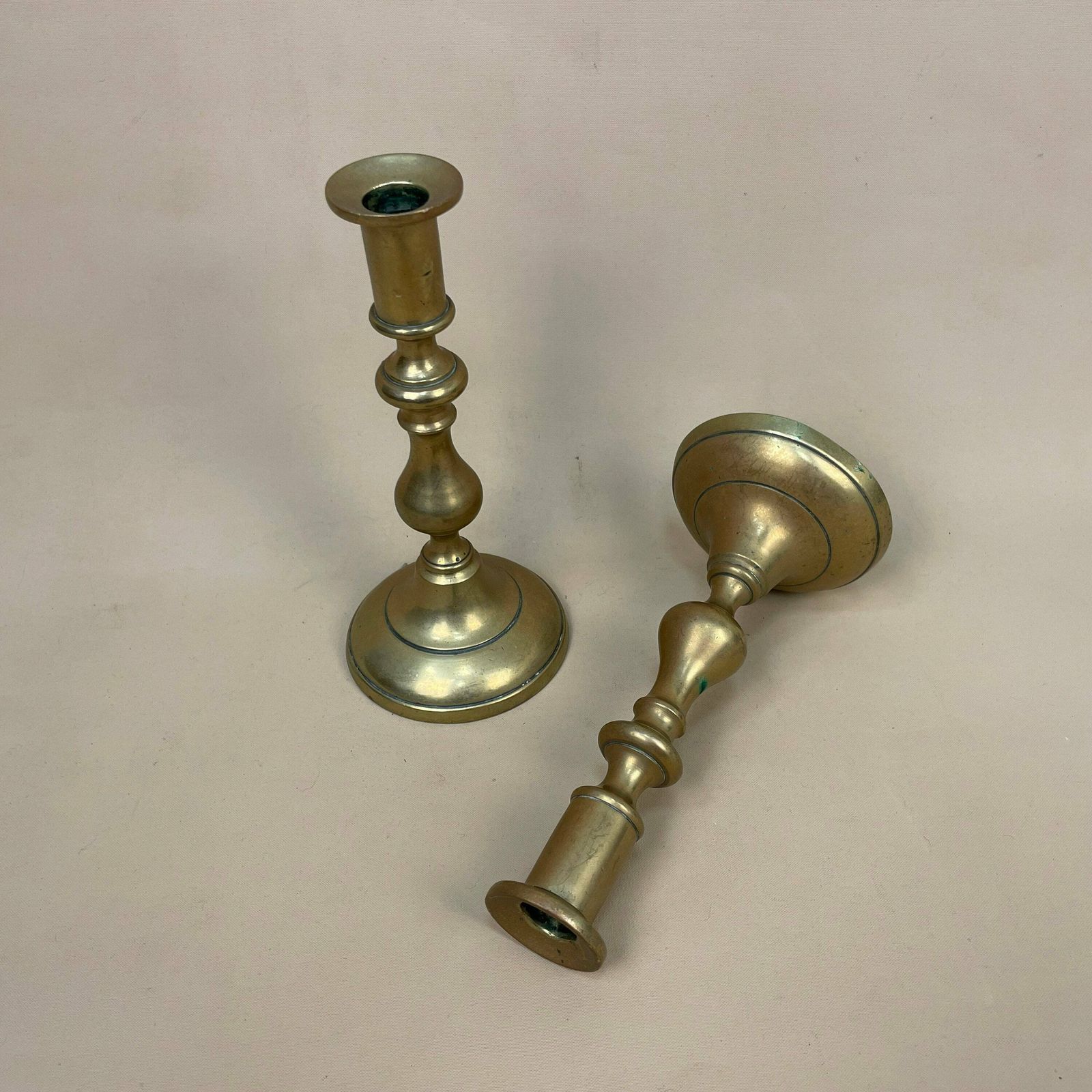 Antique Matching Pair Of Gold Brass Metal Candlestick Candle Stick Vintage Column Taper Dinner Candlesticks Round Base Column Pillar photo buy