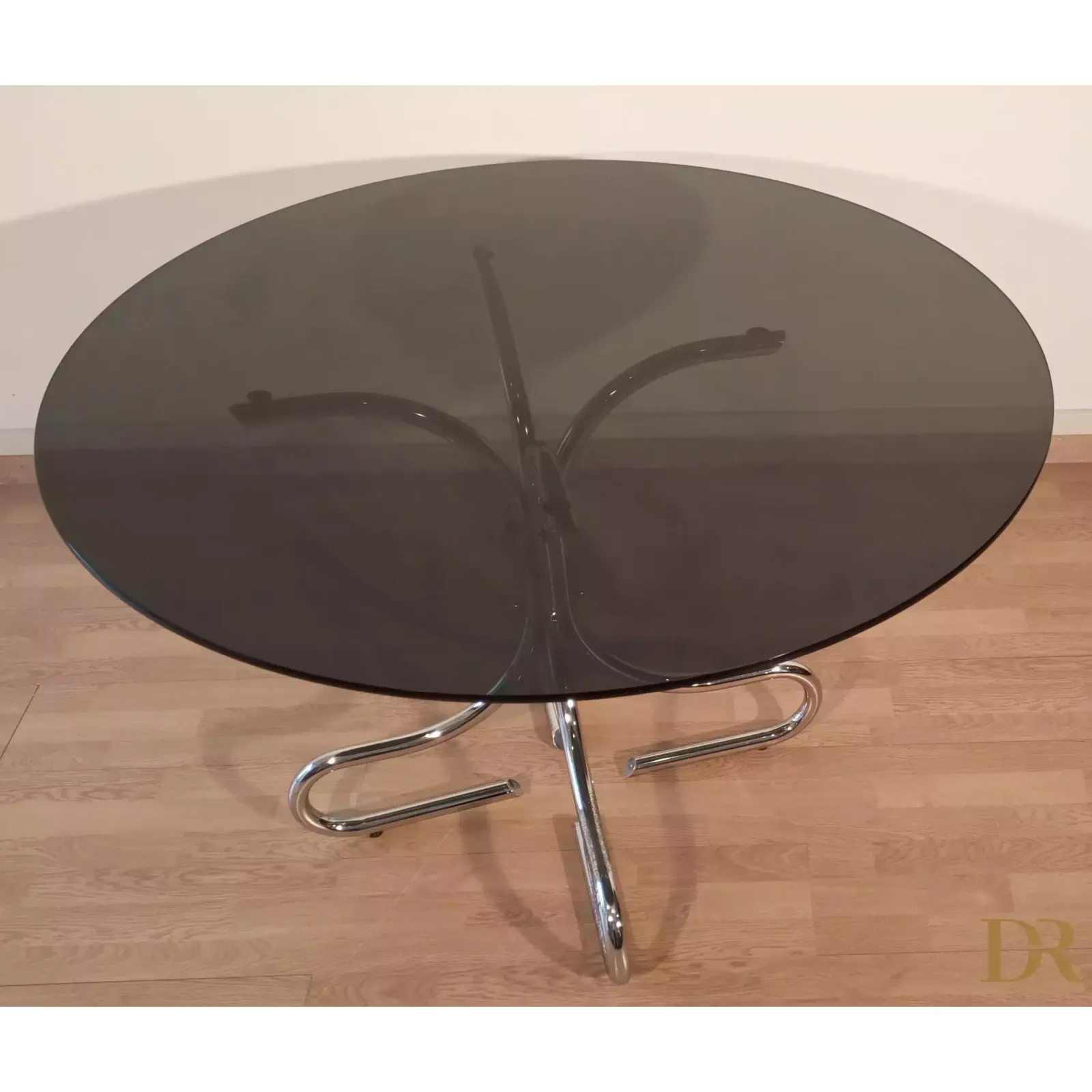 Mid Century Chrome Steel Coffee Table With Round Smoked Glass Top, Italy photo vintage