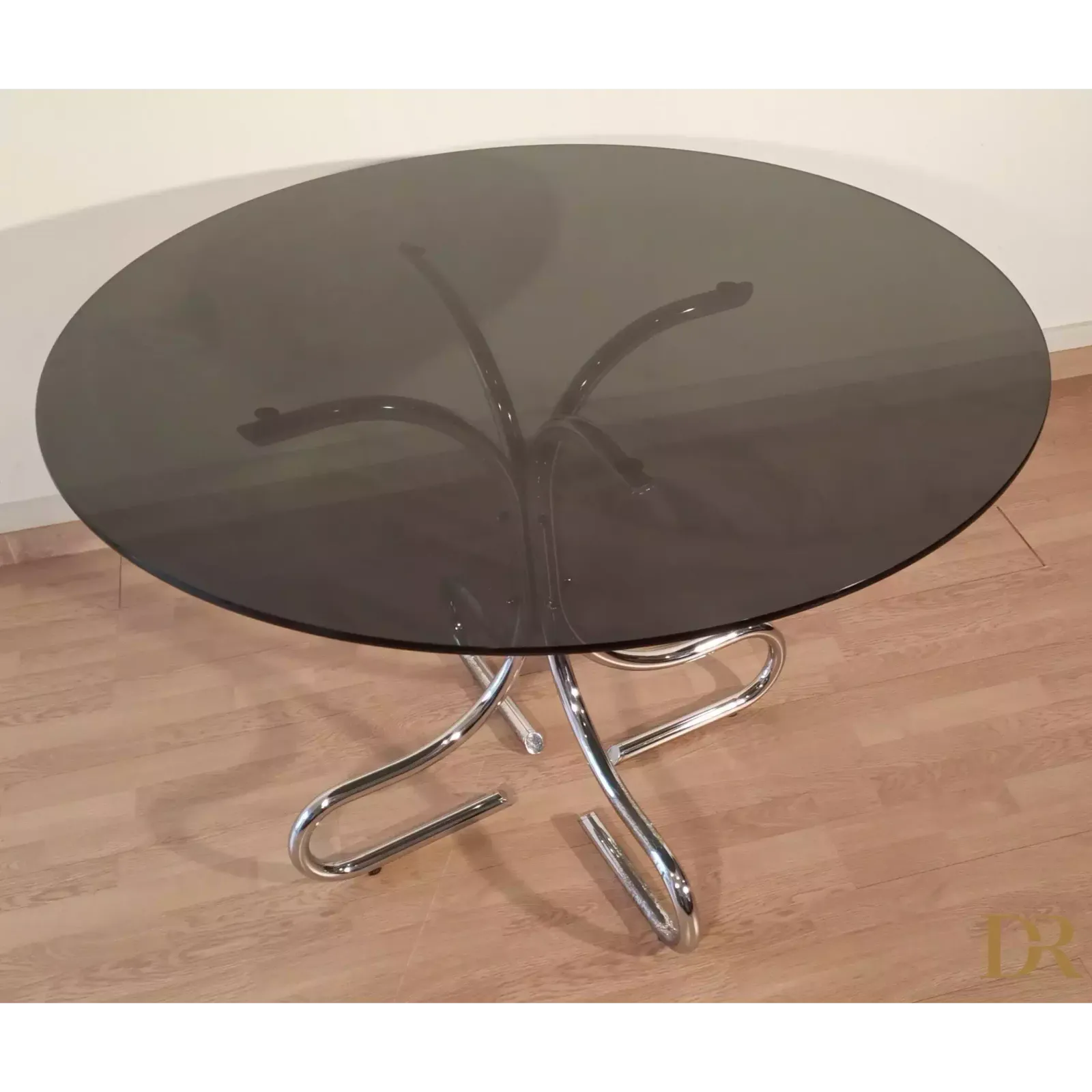 photo for sale Mid Century Chrome Steel Coffee Table With Round Smoked Glass Top, Italy