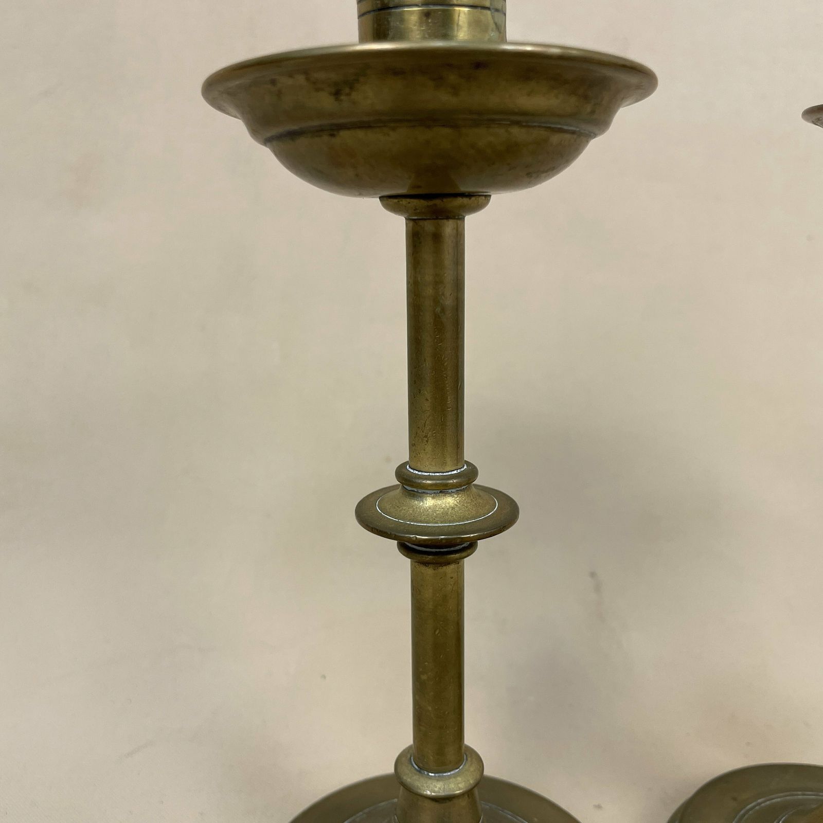 Antique Matching Pair Of Gold Brass Metal Candlestick Candle Stick Vintage Column Taper Dinner Candlesticks Round Base Column Pillar photo for sale
