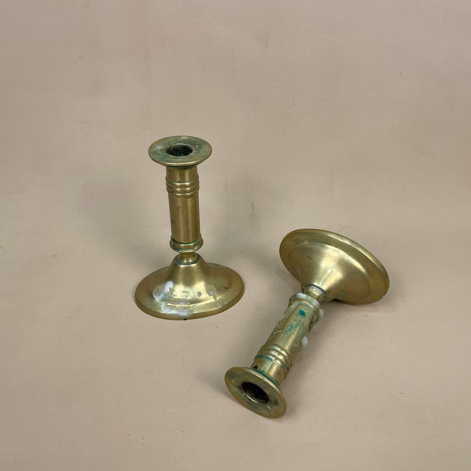 Antique Matching Pair Of Gold Brass Metal Candlestick Candle Stick Vintage Column Taper Dinner Candlesticks Oval Base Column Pillar photo for sale