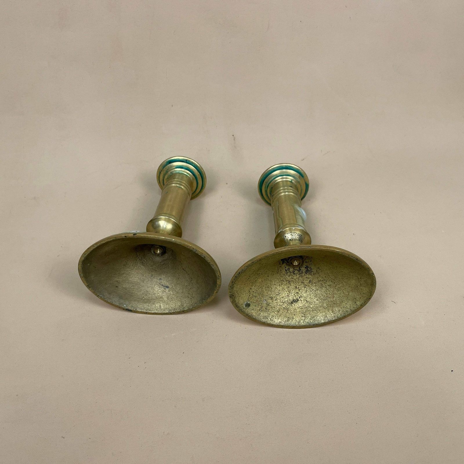 Antique Matching Pair Of Gold Brass Metal Candlestick Candle Stick Vintage Column Taper Dinner Candlesticks Oval Base Column Pillar photo vintage
