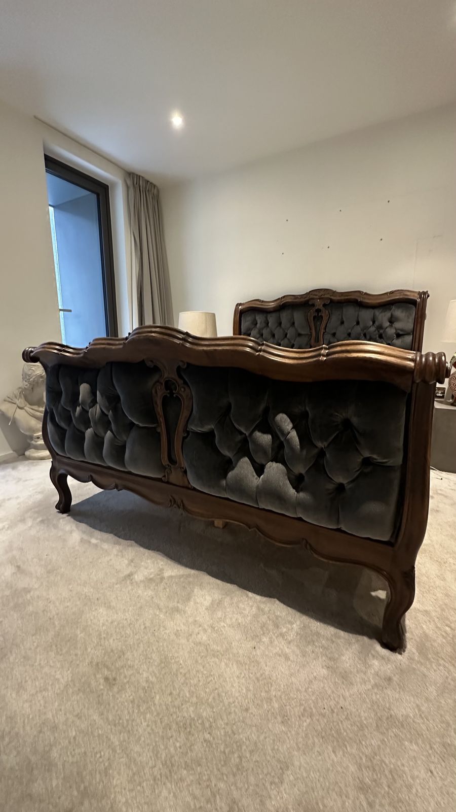 Antique French Bed Dark Wood With Charcoal Velvet photo furniture