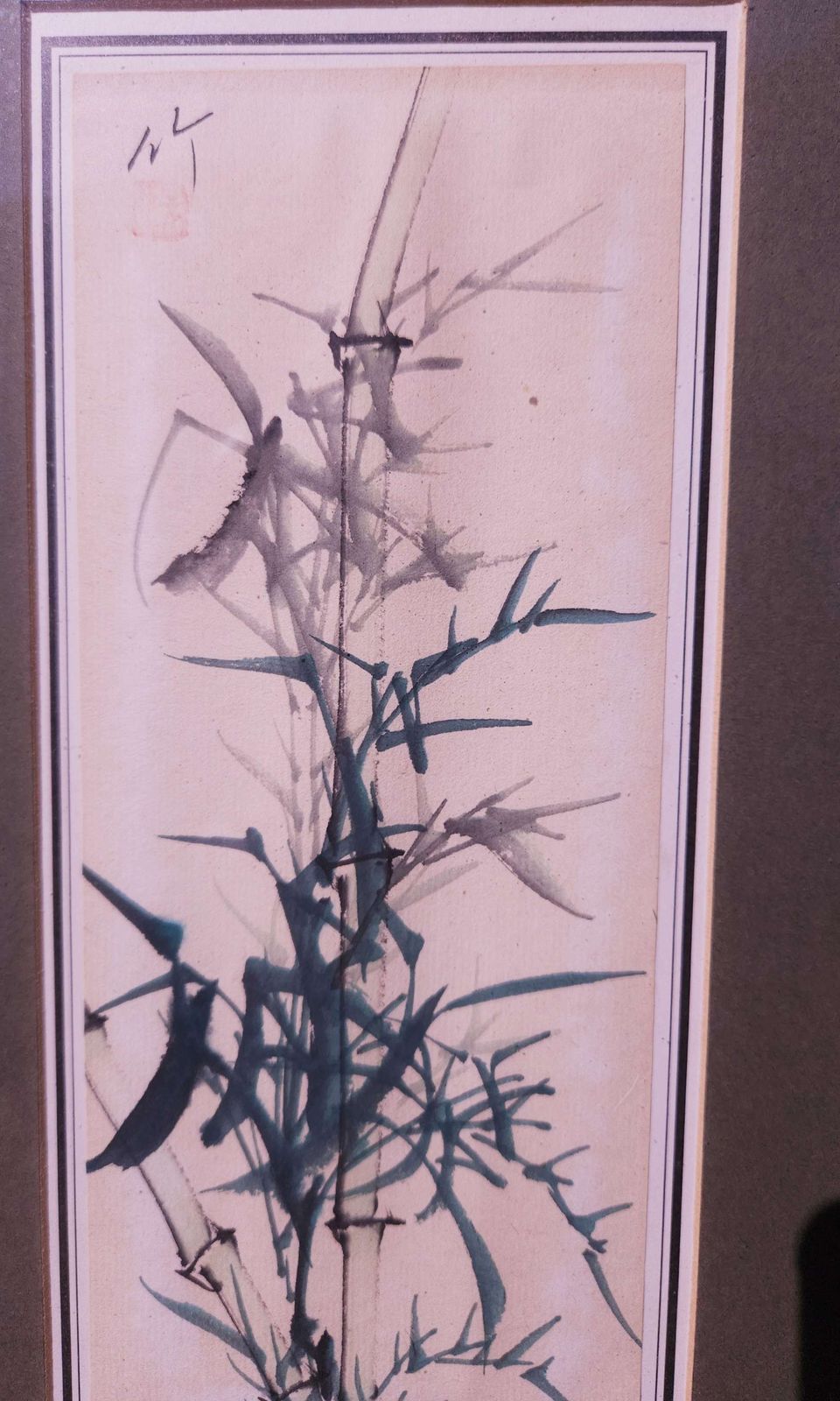 Pair Of Pretty Japanese Watercolours, Pink Cherry Blossom & Green Bamboo photo vinterior