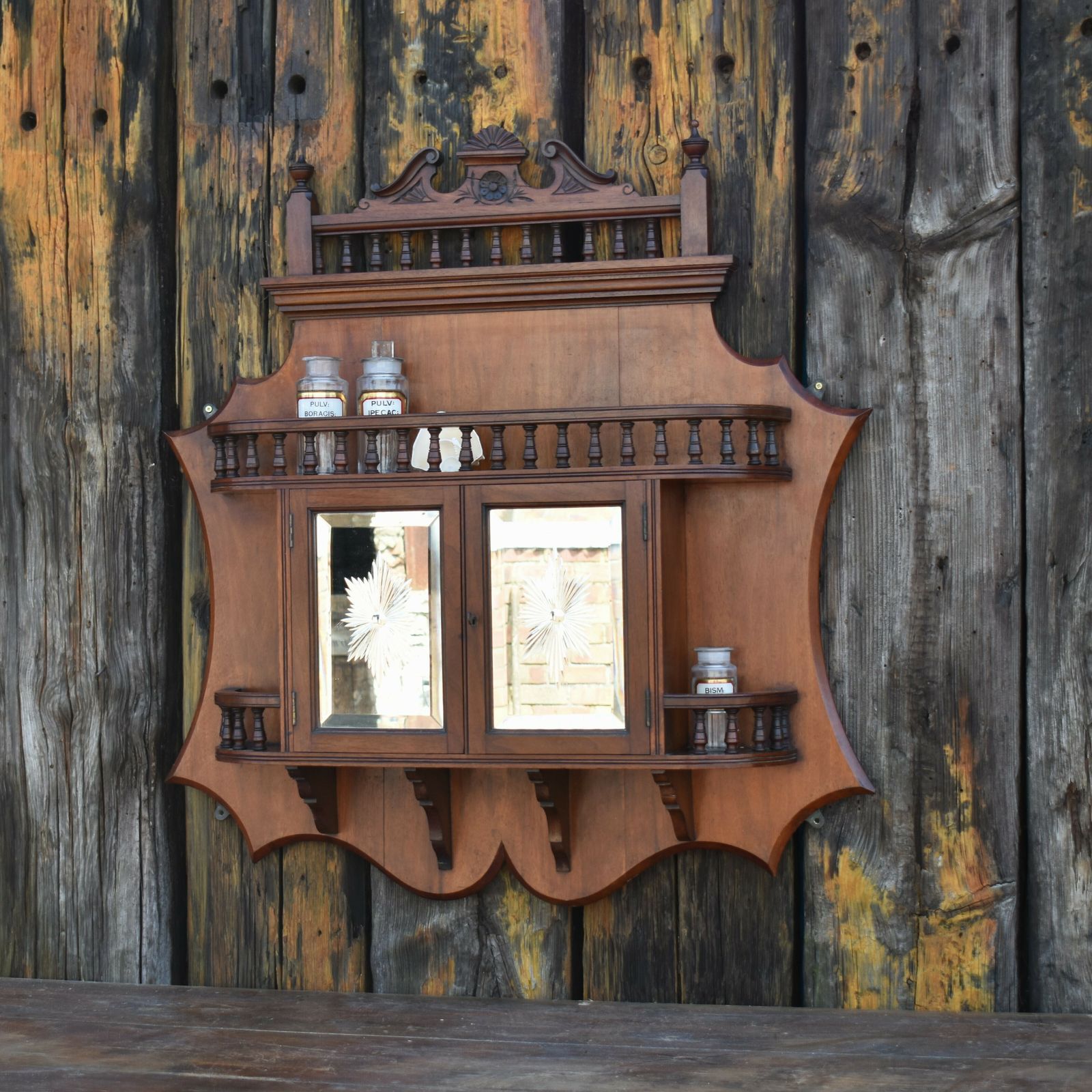 Antique Rare Sunburst Etched Mirror Doors Mahogany Bathroom Wall Display Cabinet
