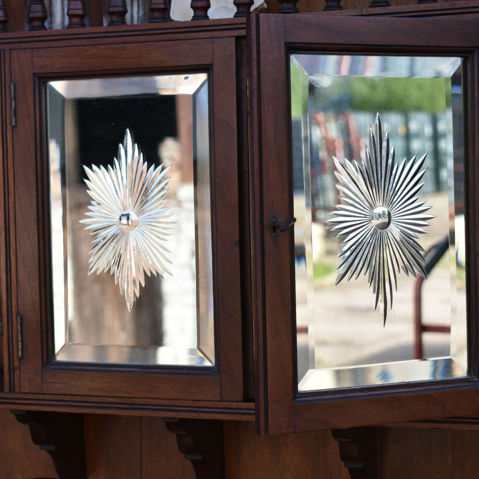 Antique Rare Sunburst Etched Mirror Doors Mahogany Bathroom Wall Display Cabinet photo for sale