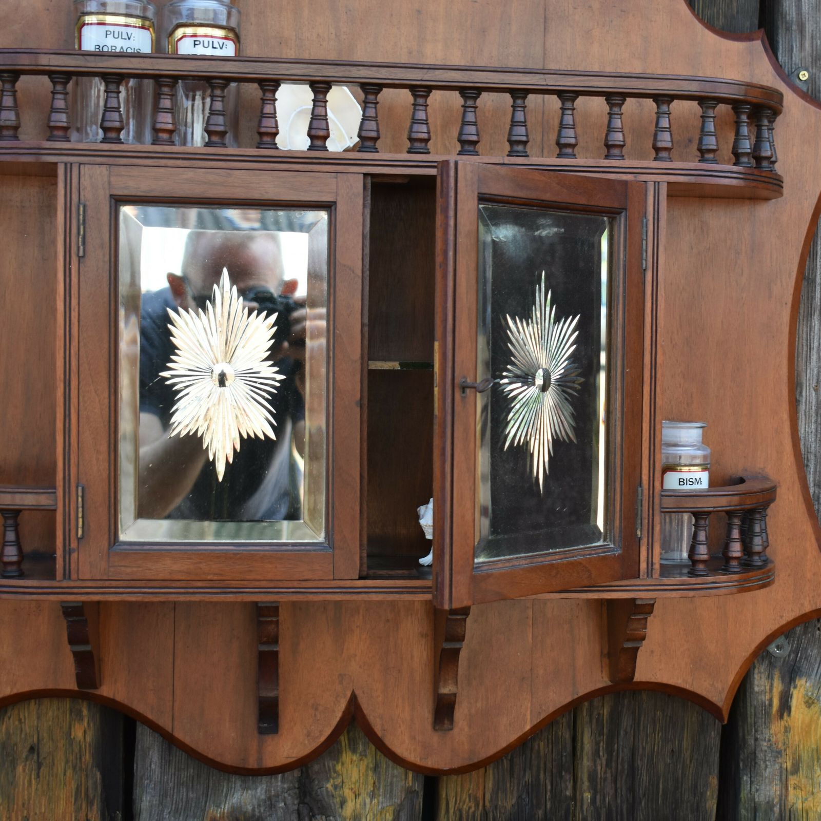 Antique Rare Sunburst Etched Mirror Doors Mahogany Bathroom Wall Display Cabinet photo vintage