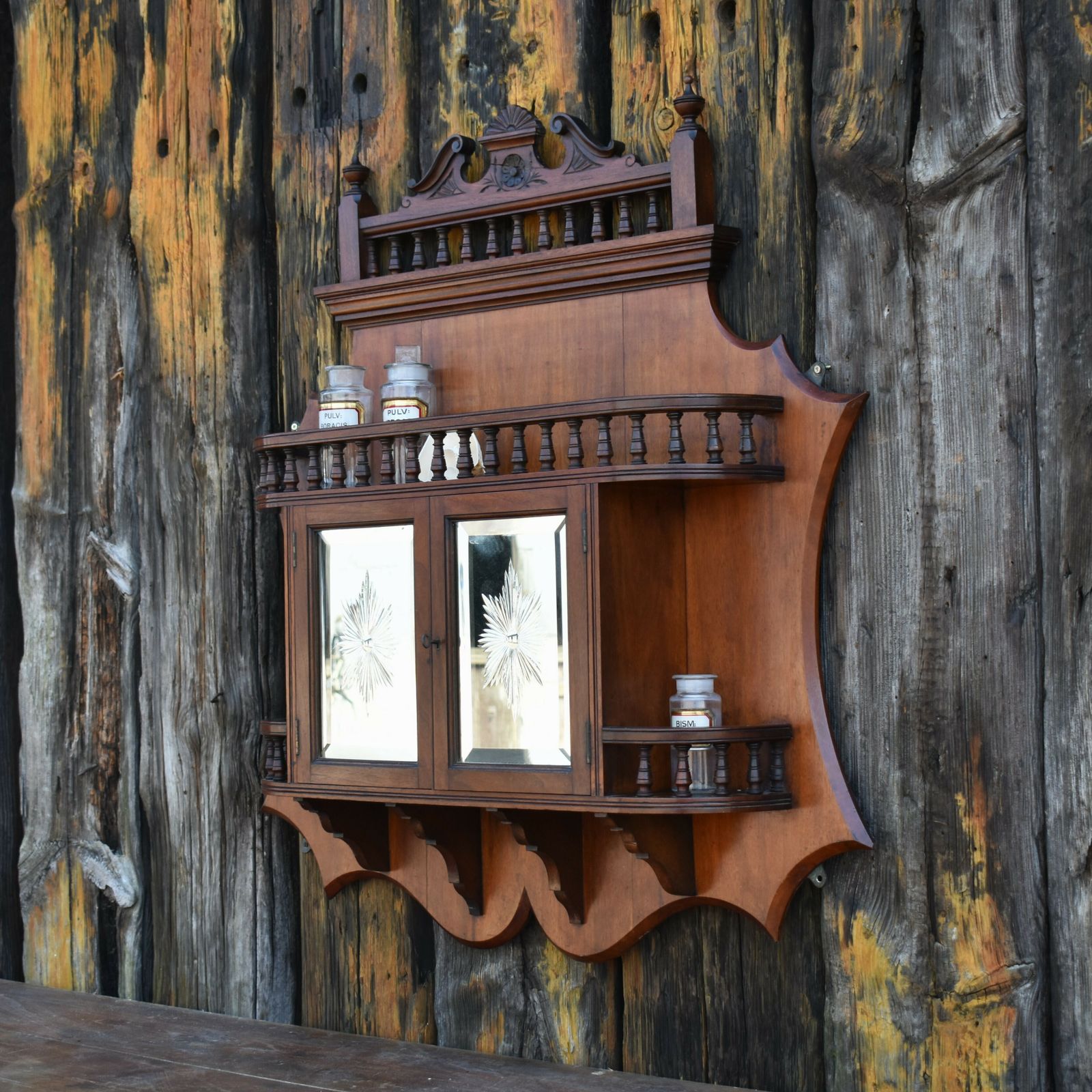 photo for sale Antique Rare Sunburst Etched Mirror Doors Mahogany Bathroom Wall Display Cabinet
